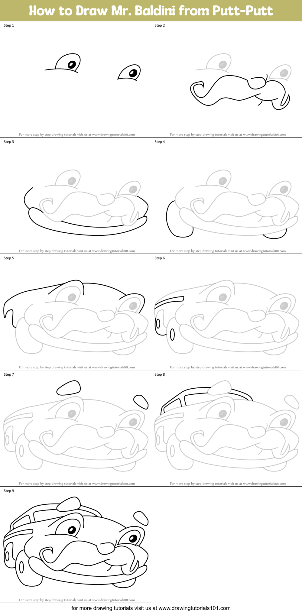 How to Draw Mr. Baldini from Putt-Putt Printable Step by Step
