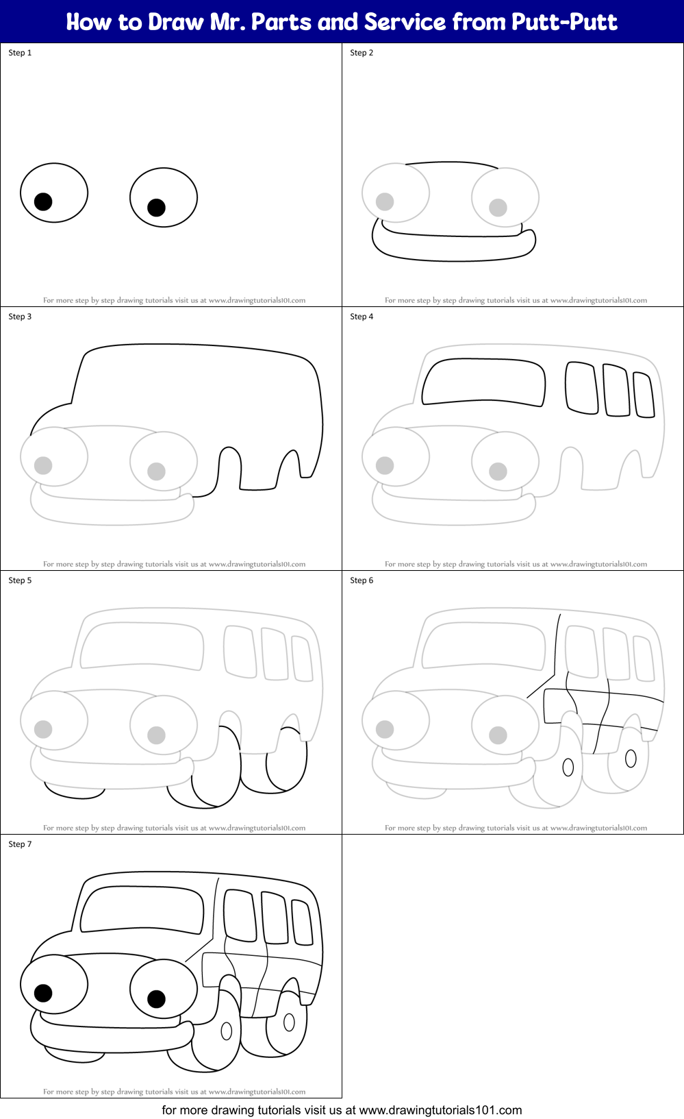 How to Draw Mr. Parts and Service from Putt-Putt Printable Step by Step