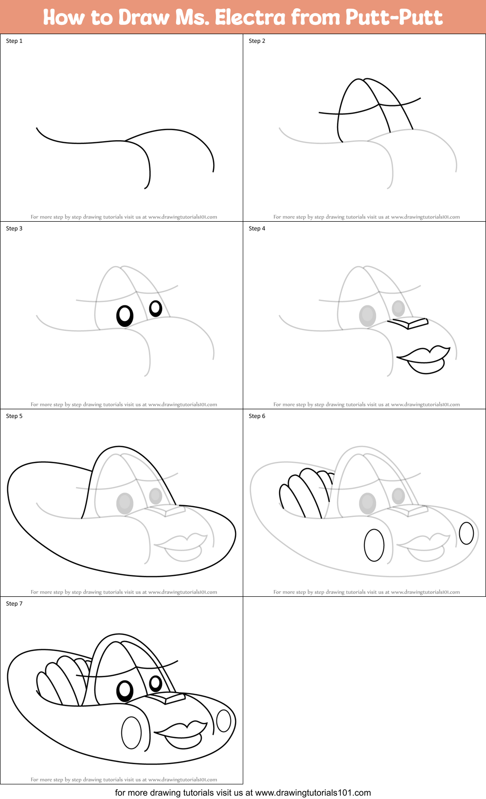 How to Draw Ms. Electra from Putt-Putt Printable Step by Step