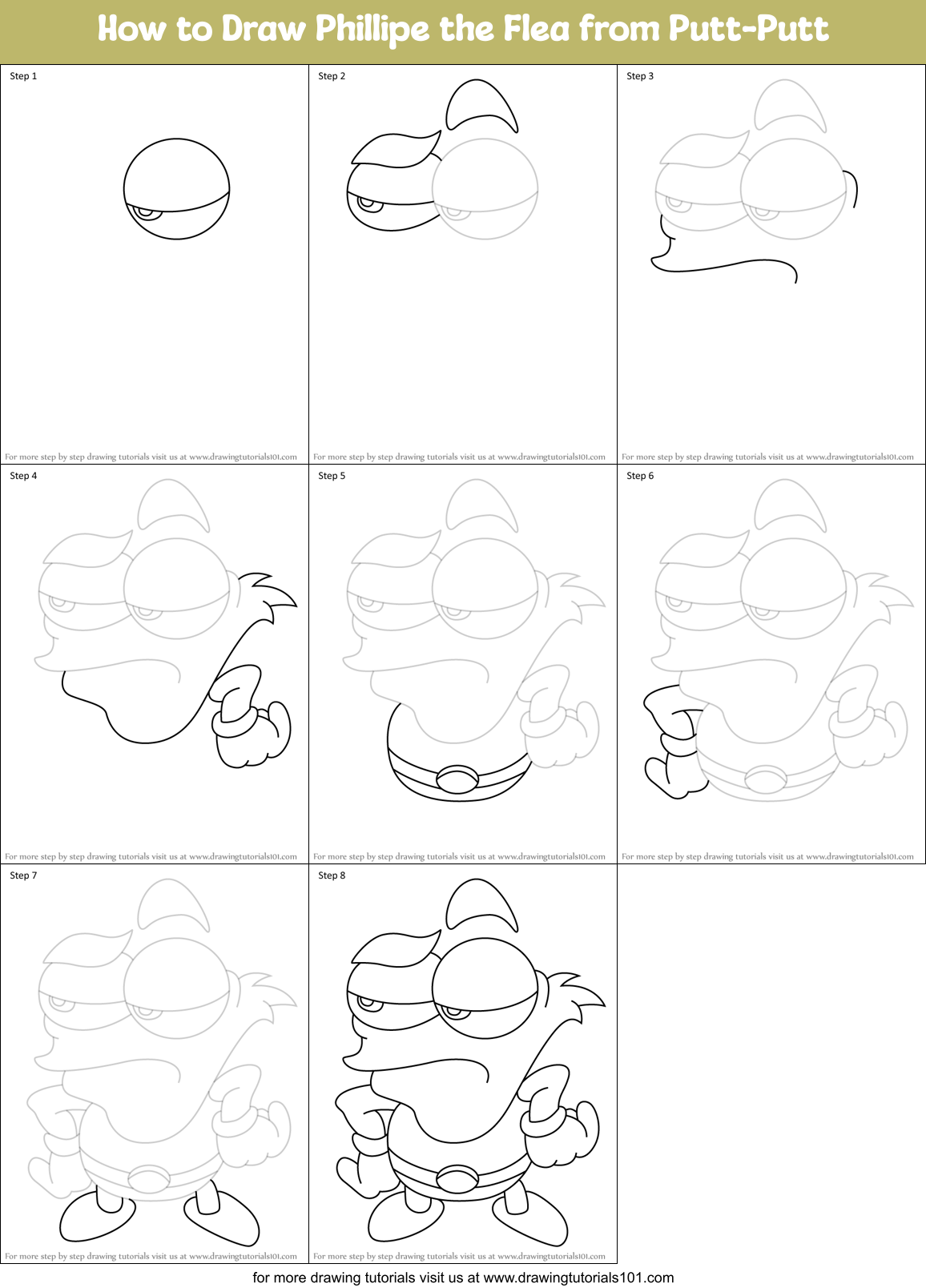 How to Draw Phillipe the Flea from Putt-Putt Printable Step by Step