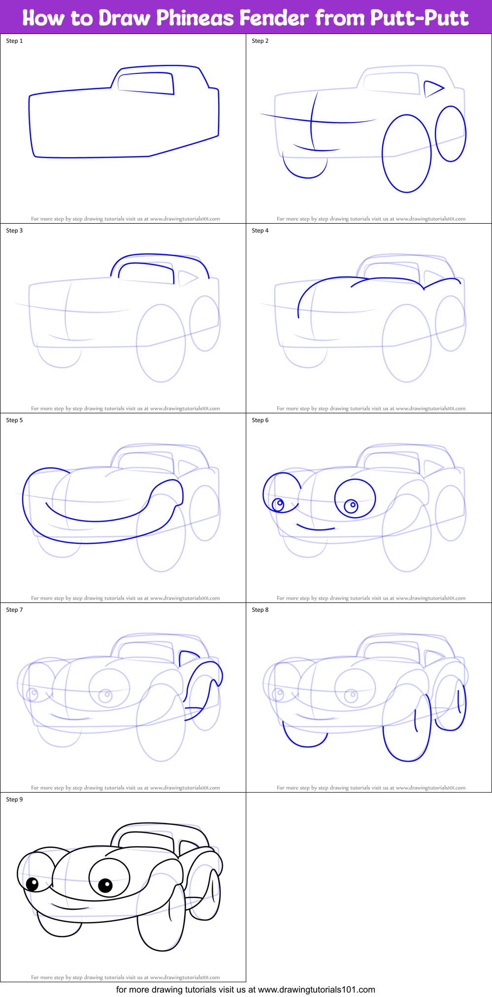 How to Draw Phineas Fender from Putt-Putt Printable Step by Step