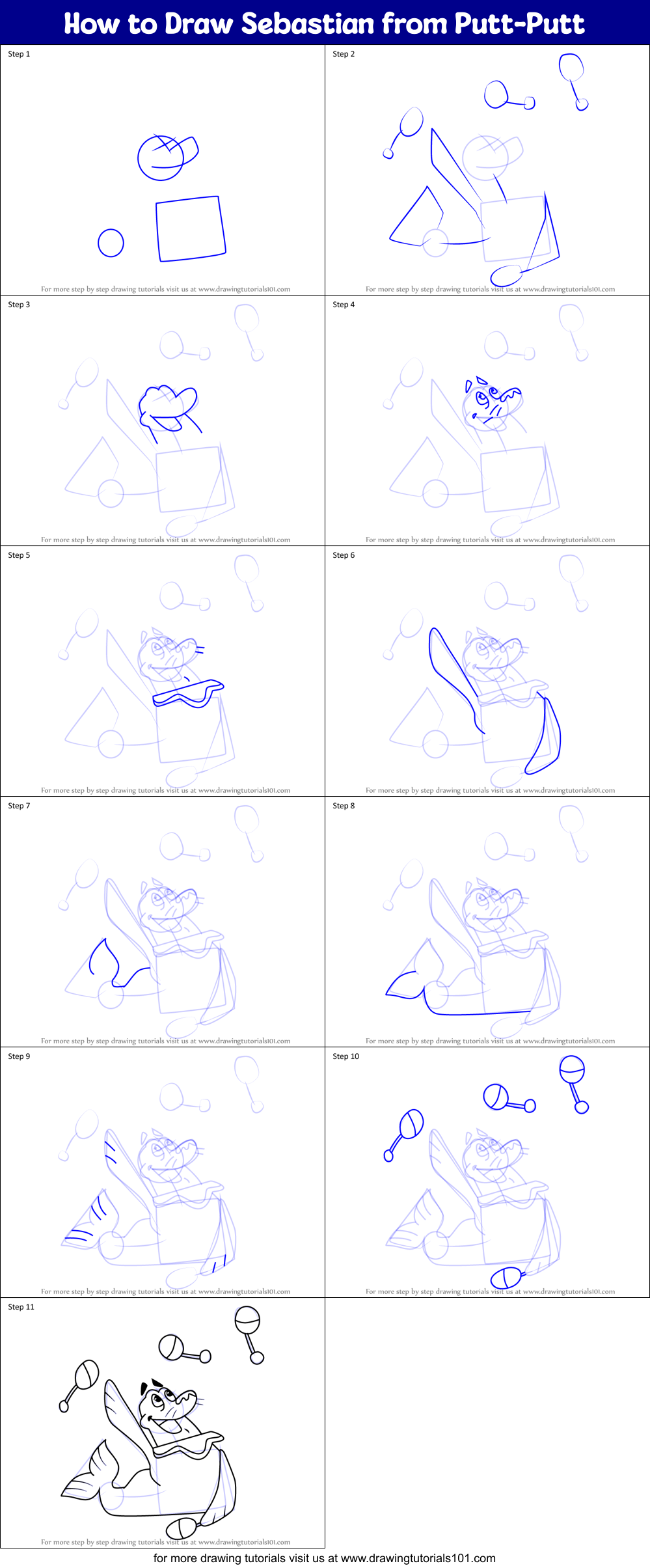 How to Draw Sebastian from Putt-Putt Printable Step by Step
