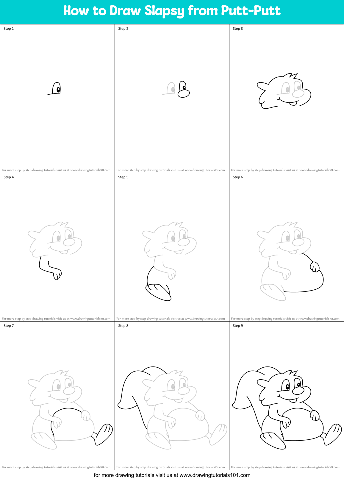 How to Draw Slapsy from Putt-Putt Printable Step by Step