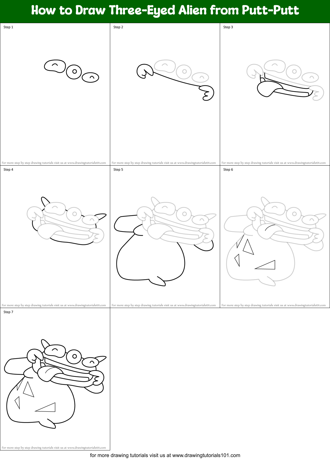 How to Draw Three-Eyed Alien from Putt-Putt Printable Step by Step