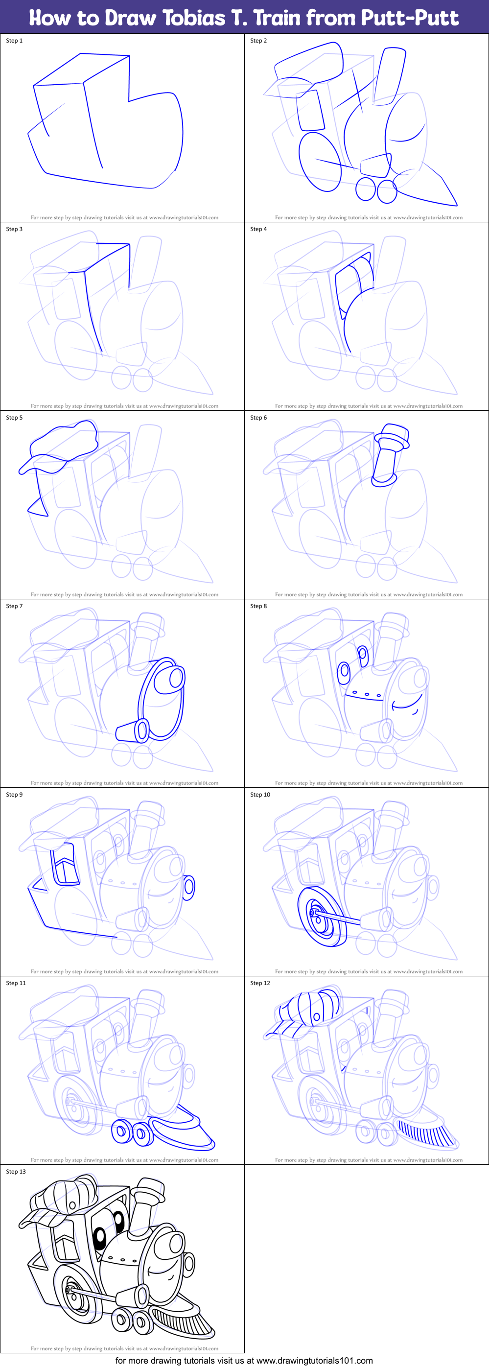 How to Draw Tobias T. Train from Putt-Putt Printable Step by Step