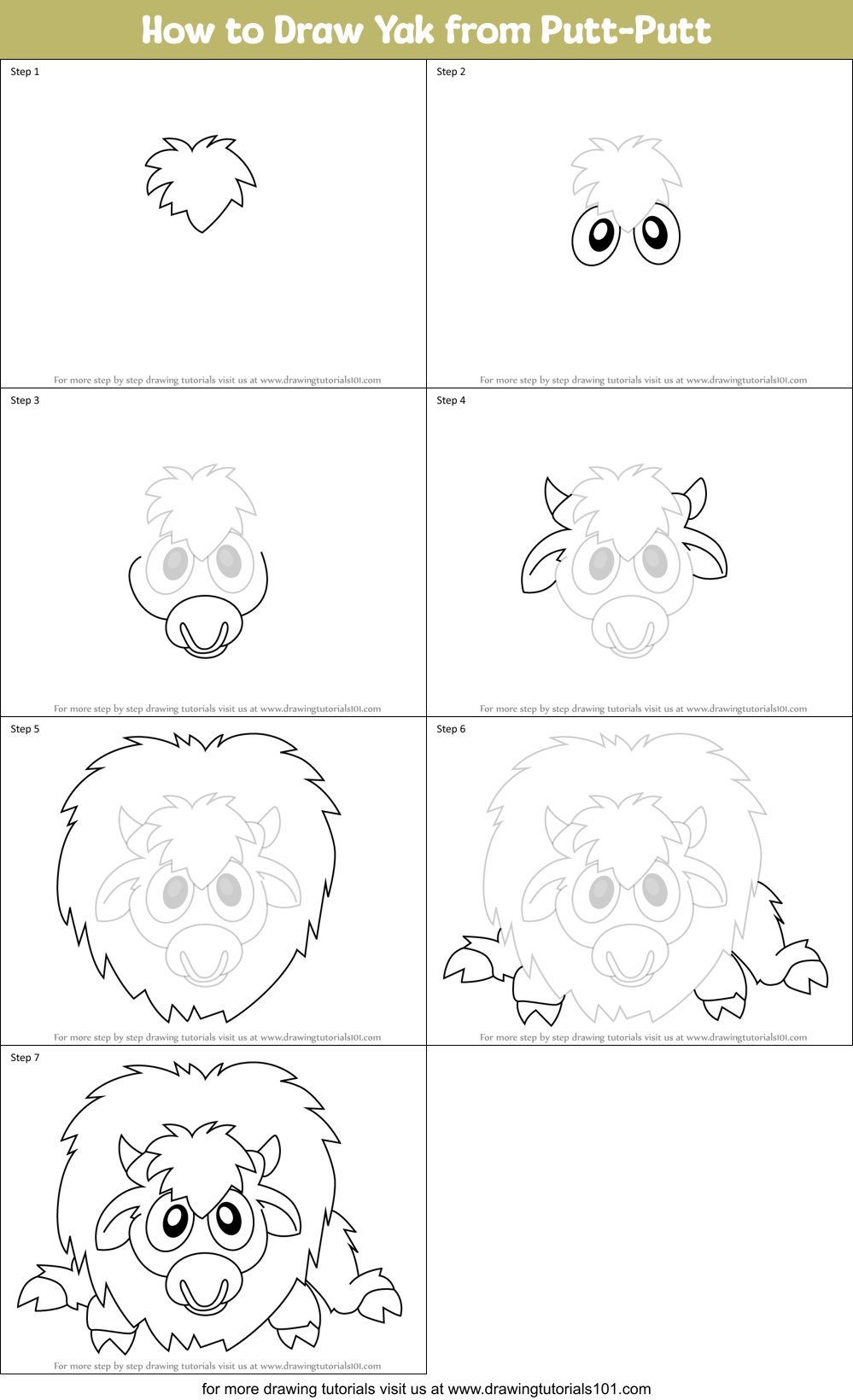 How to Draw Yak from Putt-Putt Printable Step by Step