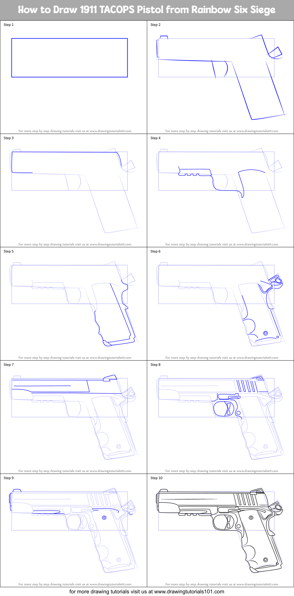 How to Draw 1911 TACOPS Pistol from Rainbow Six Siege Printable Step by Step