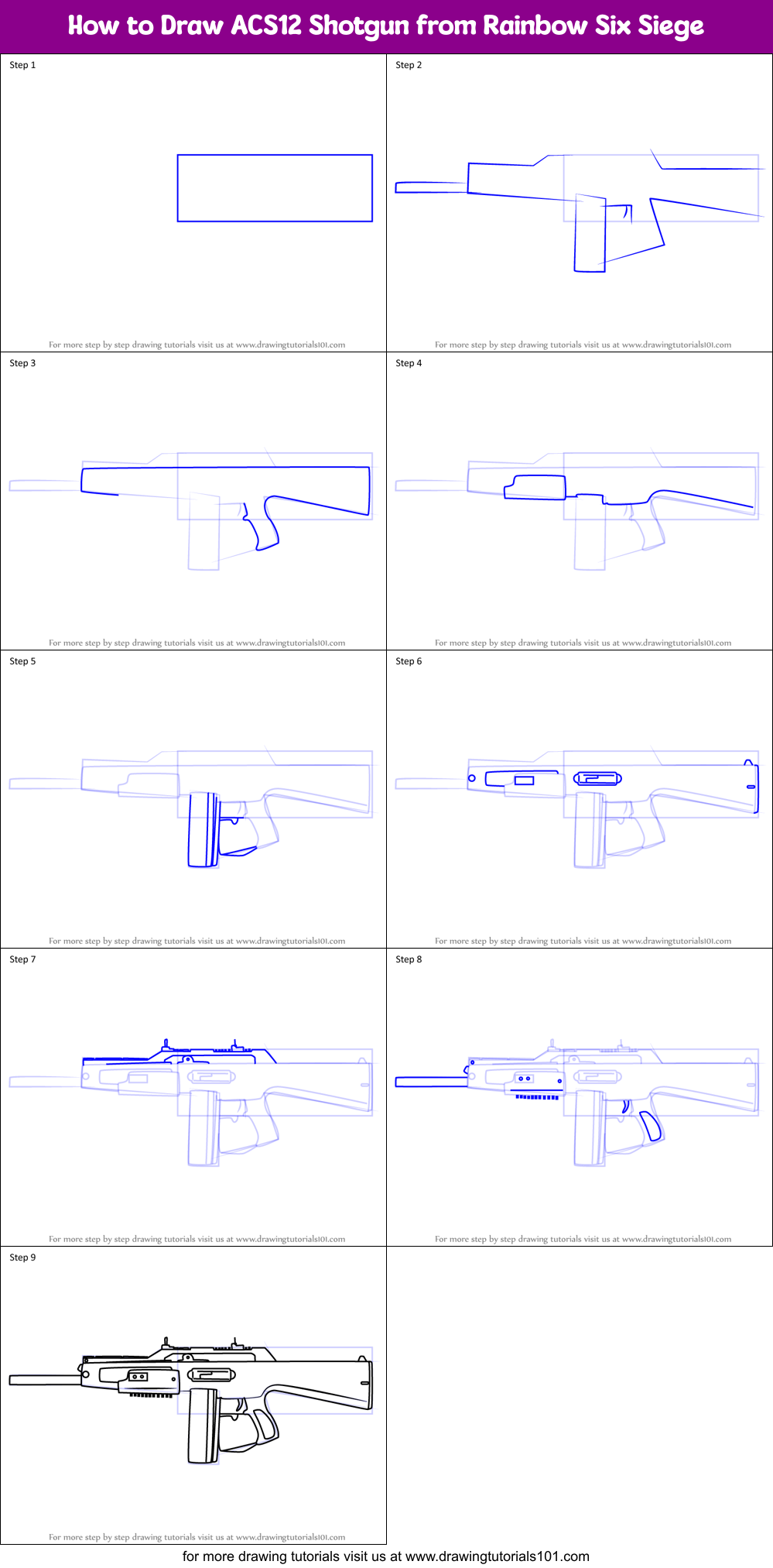 How to Draw ACS12 Shotgun from Rainbow Six Siege Printable Step by Step