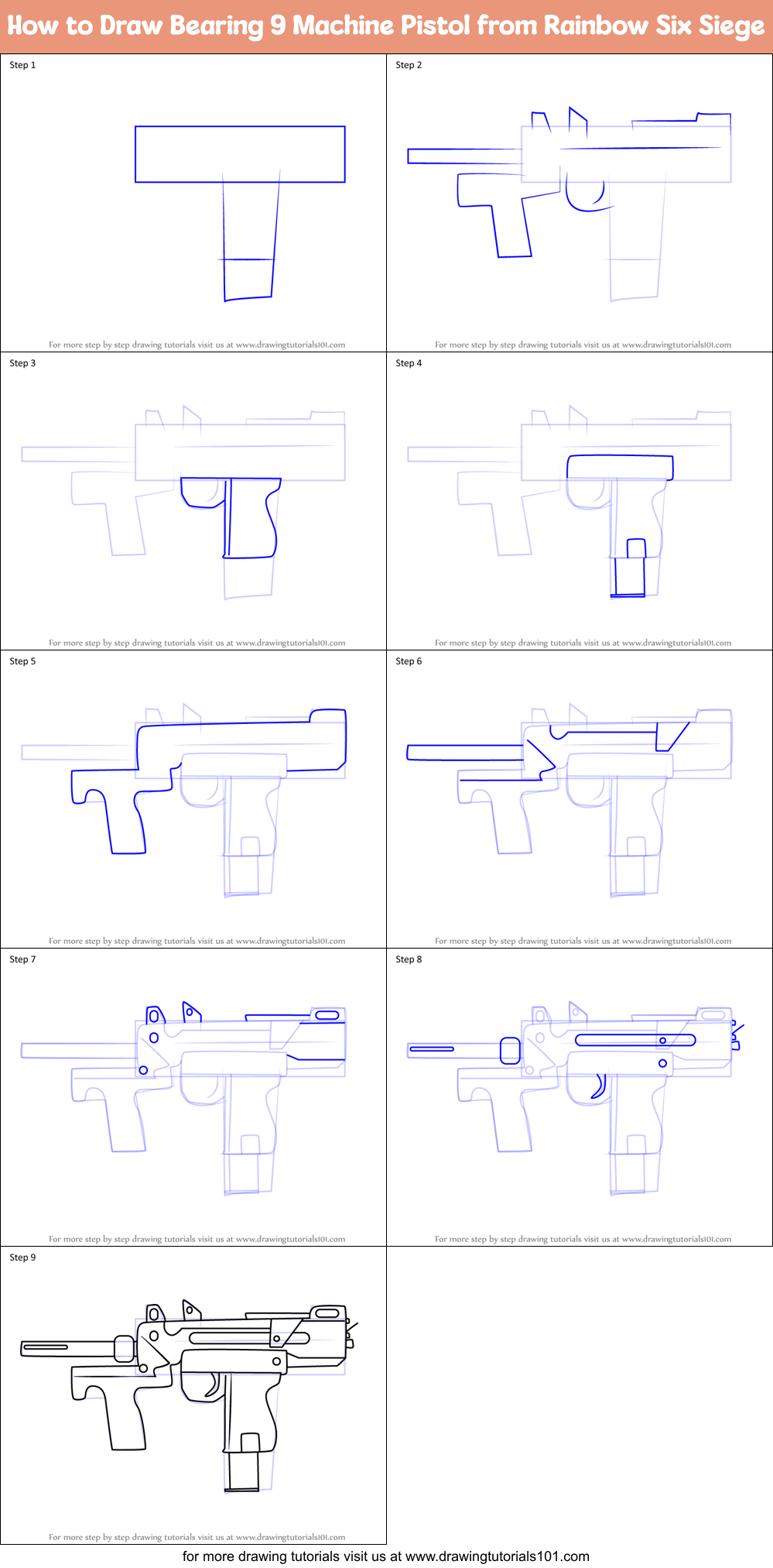 How to Draw Bearing 9 Machine Pistol from Rainbow Six Siege Printable Step by Step
