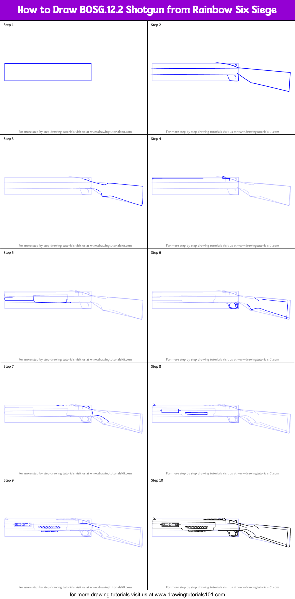 How to Draw BOSG.12.2 Shotgun from Rainbow Six Siege Printable Step by Step