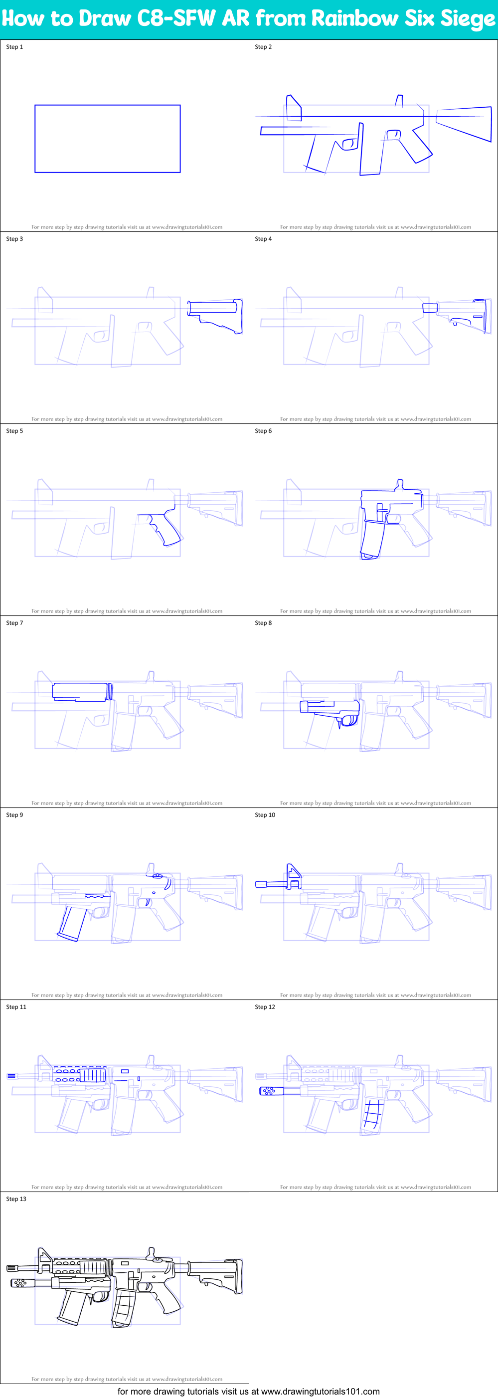 How to Draw C8-SFW AR from Rainbow Six Siege Printable Step by Step