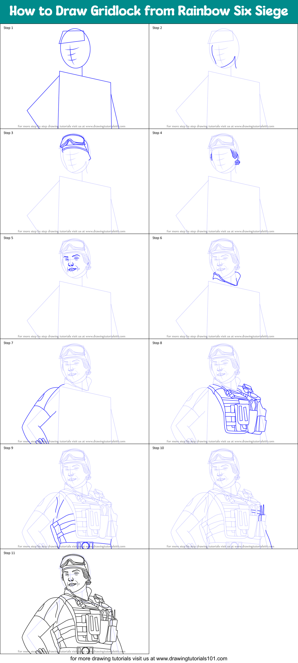 How to Draw Gridlock from Rainbow Six Siege Printable Step by Step