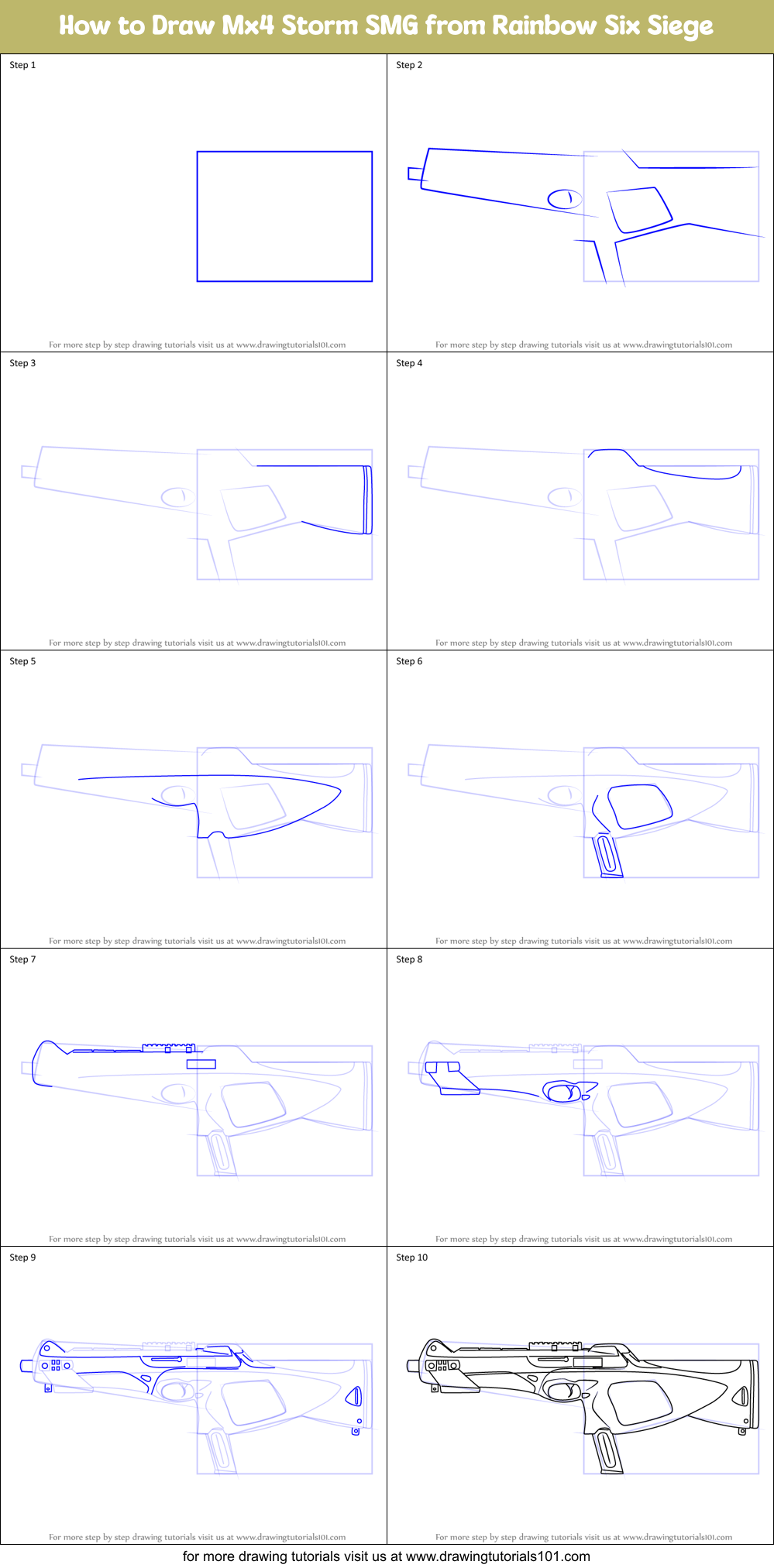 How to Draw Mx4 Storm SMG from Rainbow Six Siege Printable Step by Step