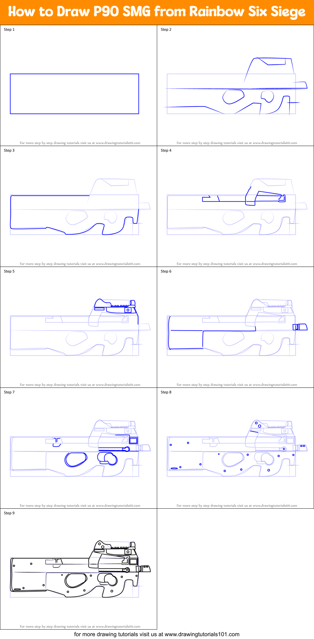 How to Draw P90 SMG from Rainbow Six Siege Printable Step by Step