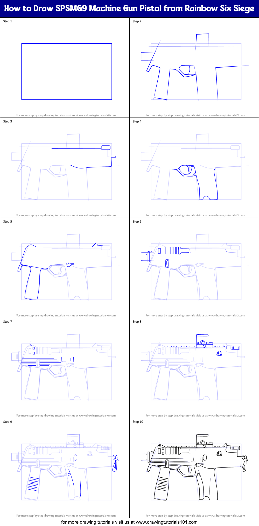 How to Draw SPSMG9 Machine Gun Pistol from Rainbow Six Siege Printable Step by Step