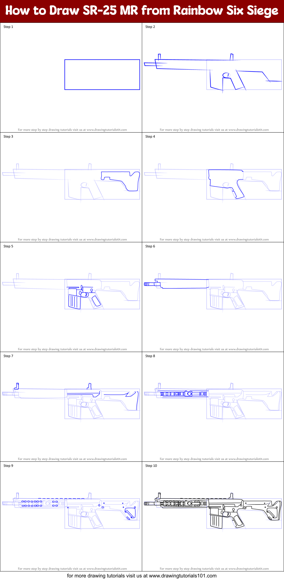 How to Draw SR-25 MR from Rainbow Six Siege Printable Step by Step