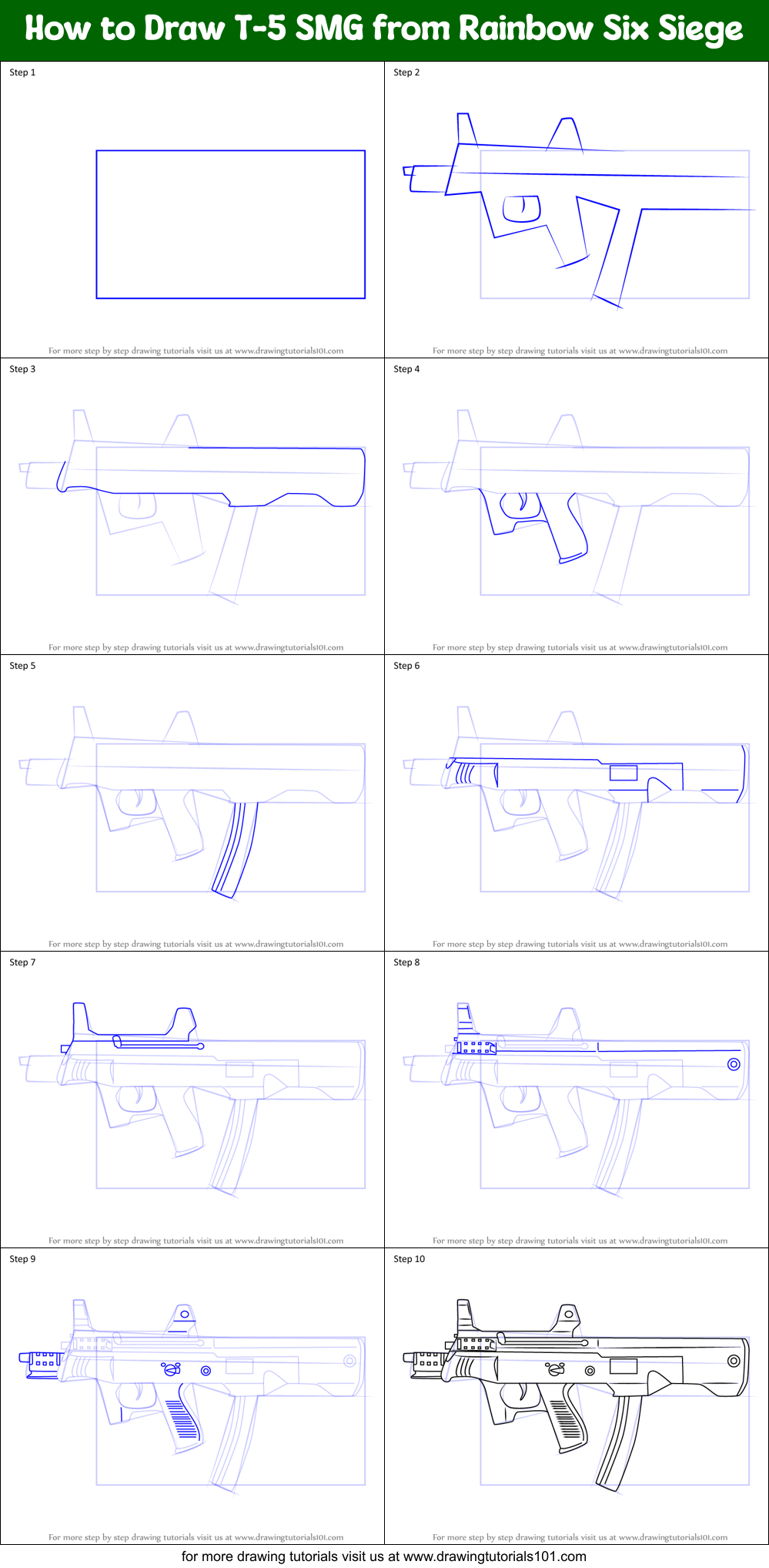 How to Draw T-5 SMG from Rainbow Six Siege Printable Step by Step