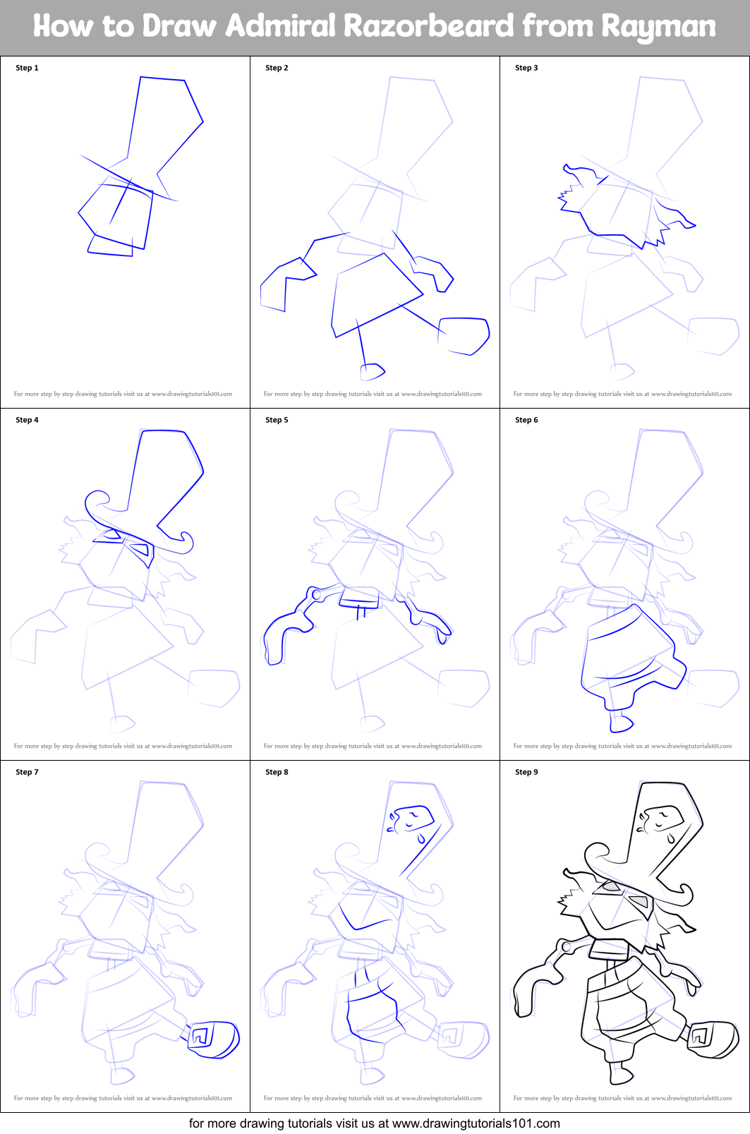 How to Draw Admiral Razorbeard from Rayman Printable Step by Step