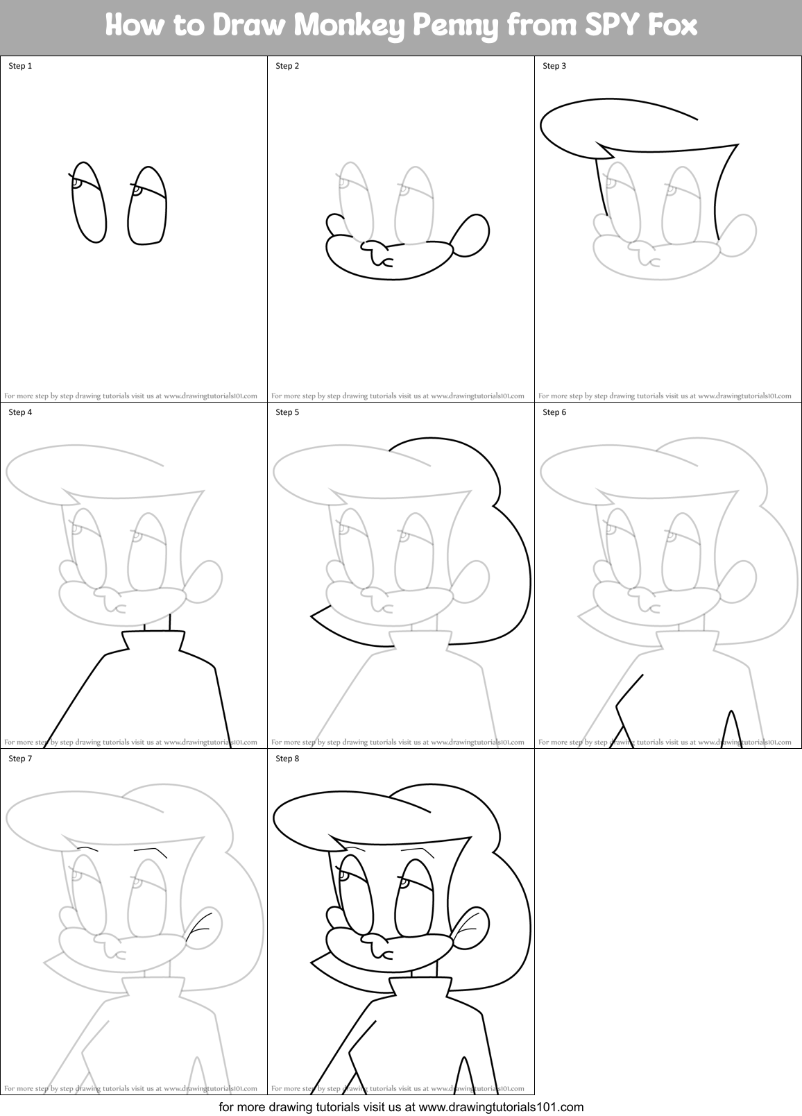 How to Draw Monkey Penny from SPY Fox Printable Step by Step