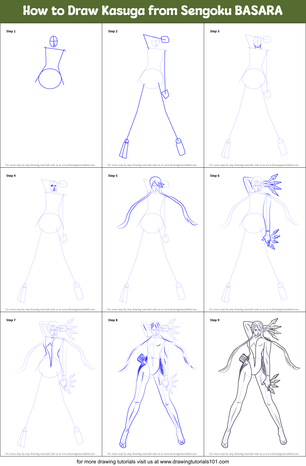 How to Draw Kasuga from Sengoku BASARA Printable Step by Step