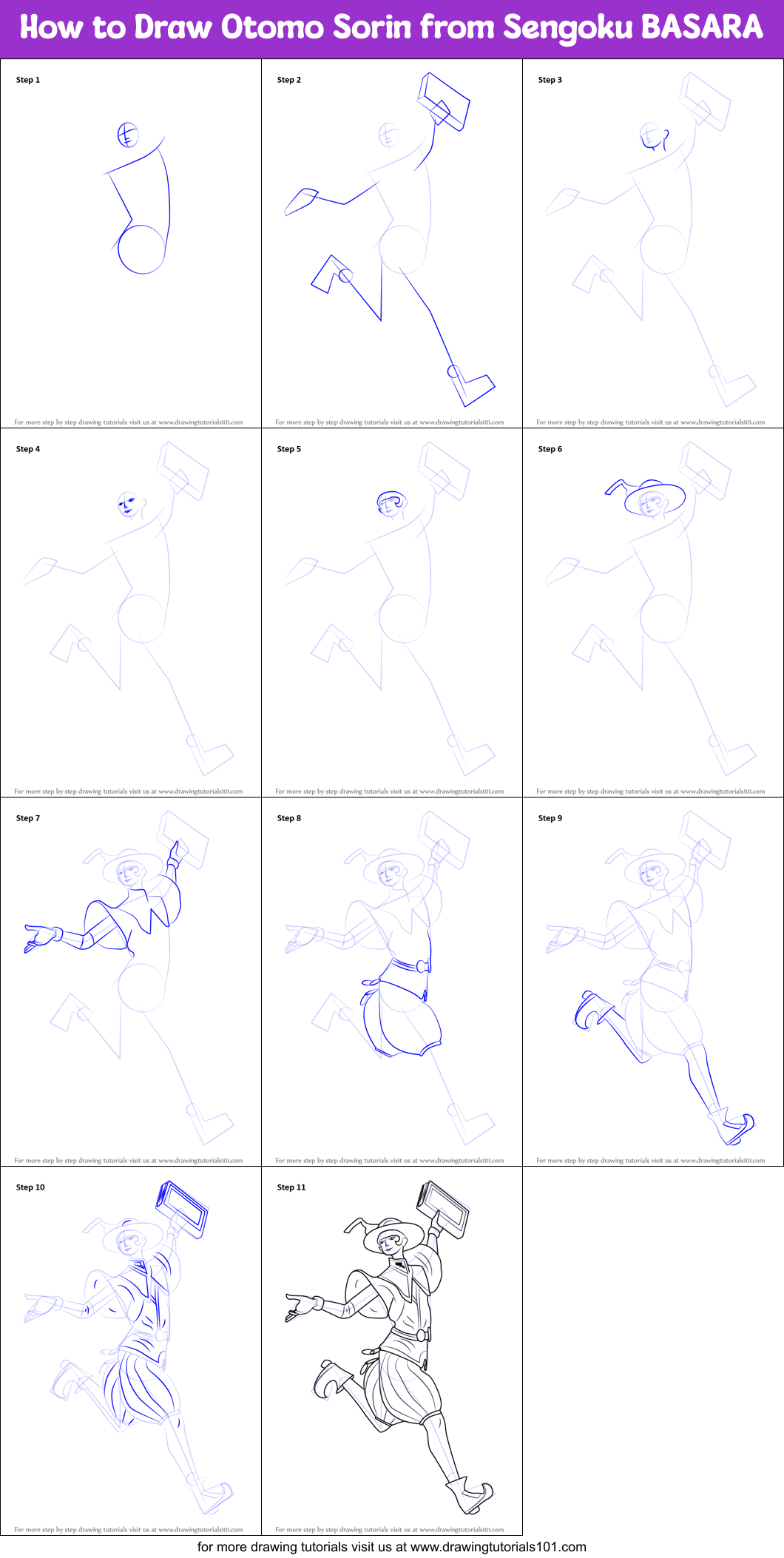 How to Draw Otomo Sorin from Sengoku BASARA Printable Step by Step