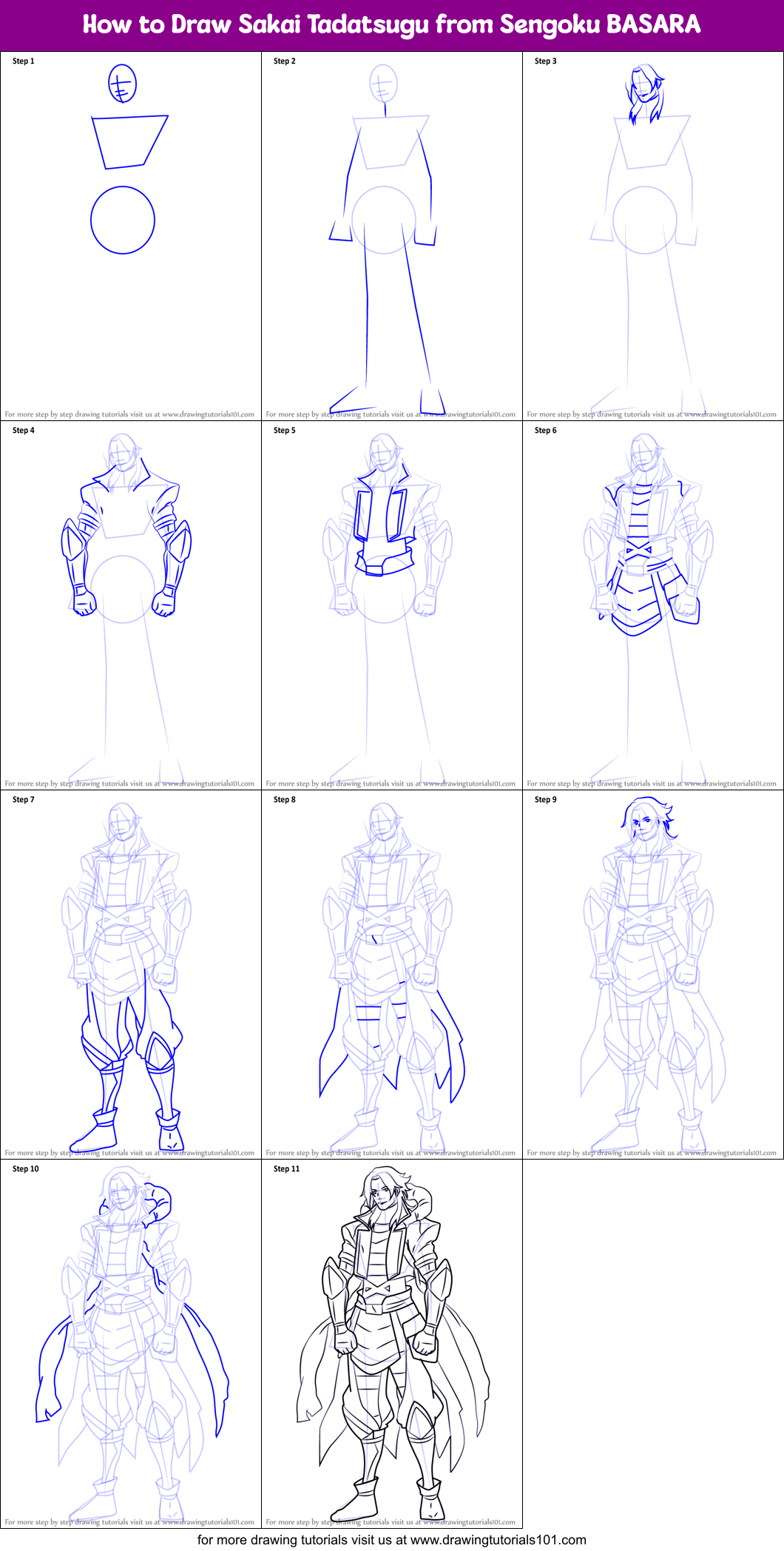 How to Draw Sakai Tadatsugu from Sengoku BASARA Printable Step by Step