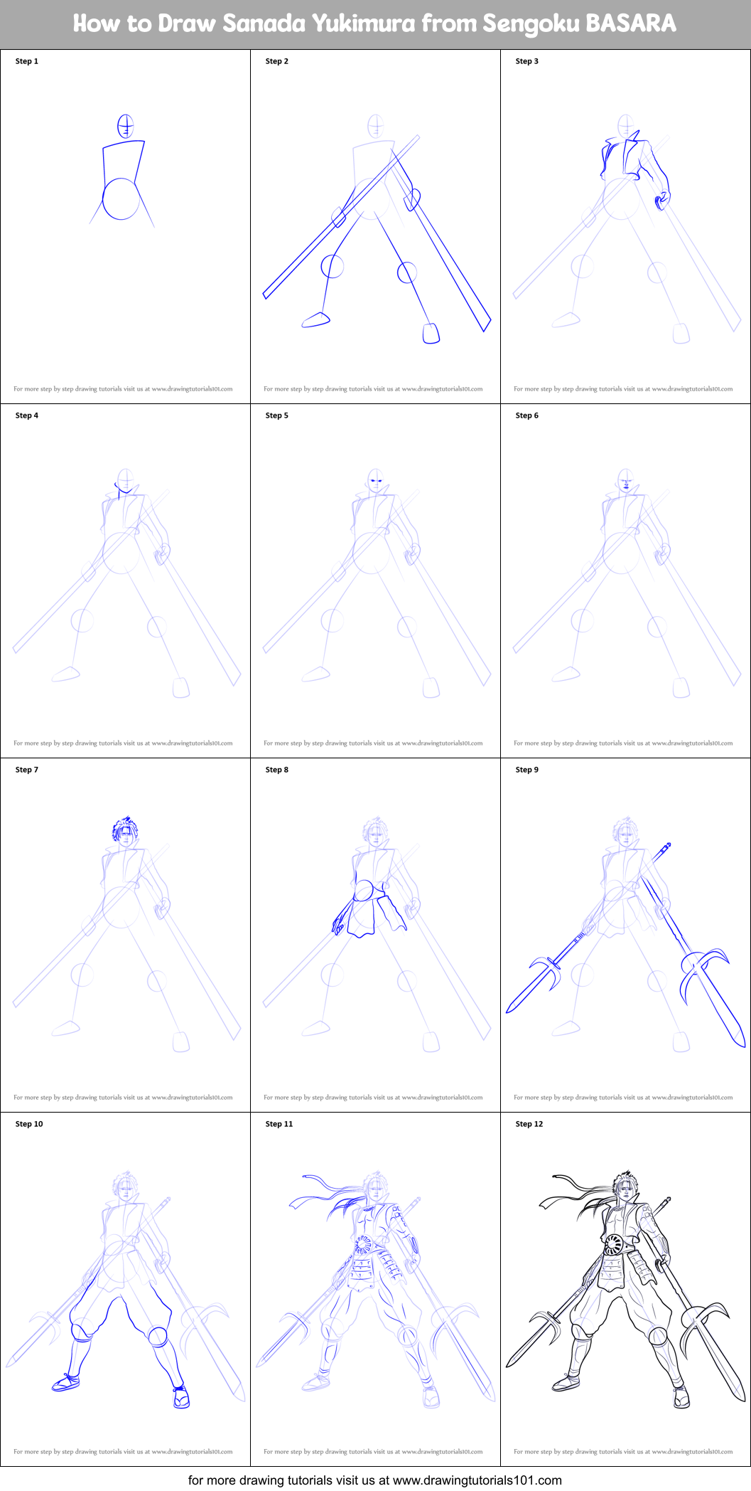 How to Draw Sanada Yukimura from Sengoku BASARA Printable Step by Step
