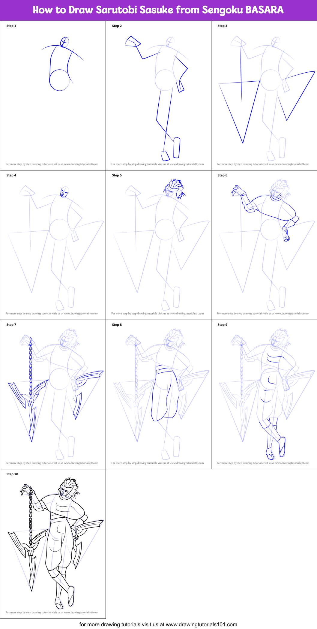 How to Draw Sarutobi Sasuke from Sengoku BASARA Printable Step by Step