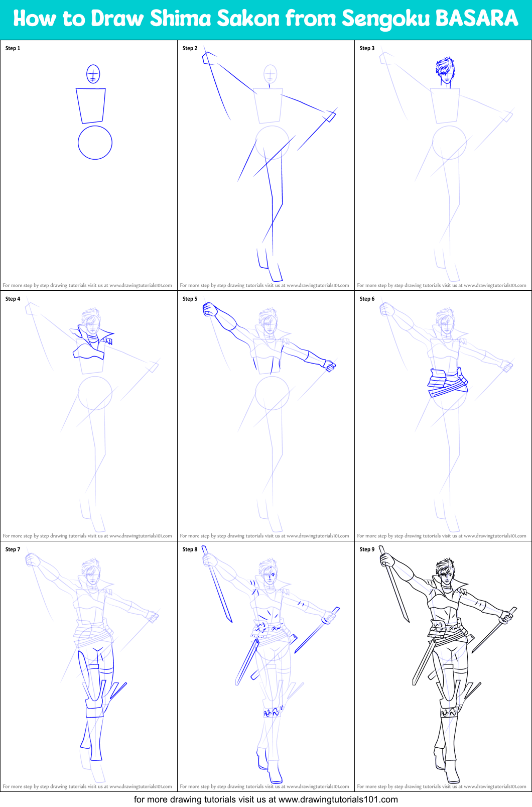 How to Draw Shima Sakon from Sengoku BASARA Printable Step by Step