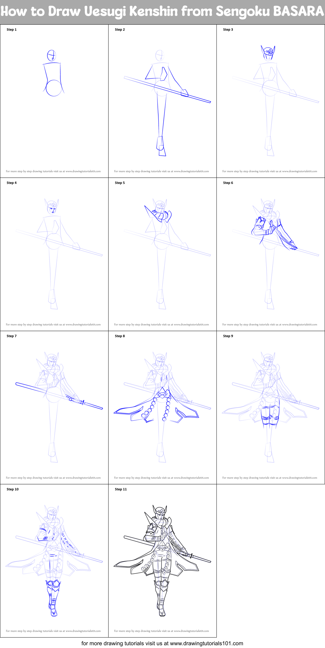How to Draw Uesugi Kenshin from Sengoku BASARA Printable Step by Step