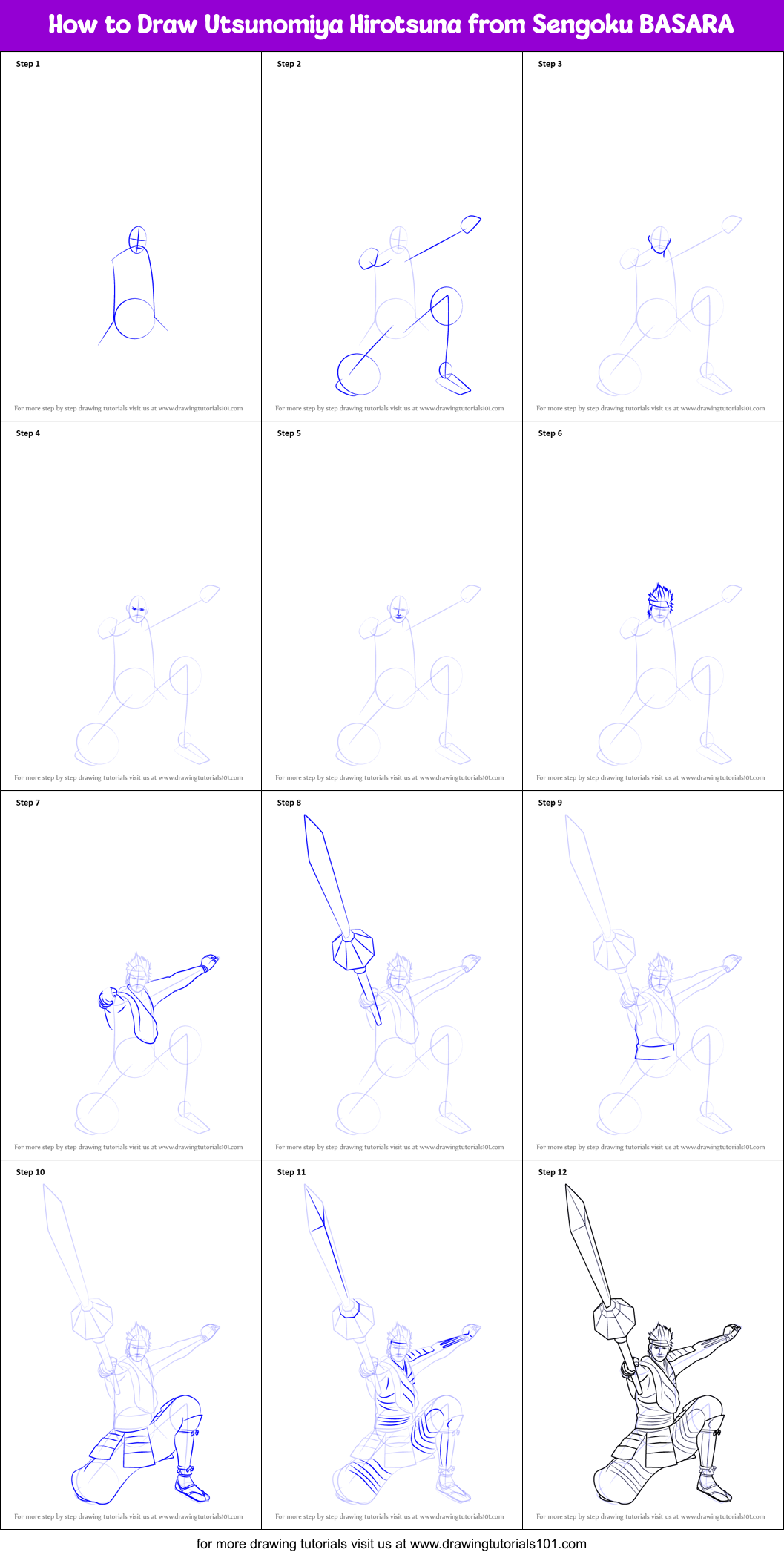 How to Draw Utsunomiya Hirotsuna from Sengoku BASARA Printable Step by Step