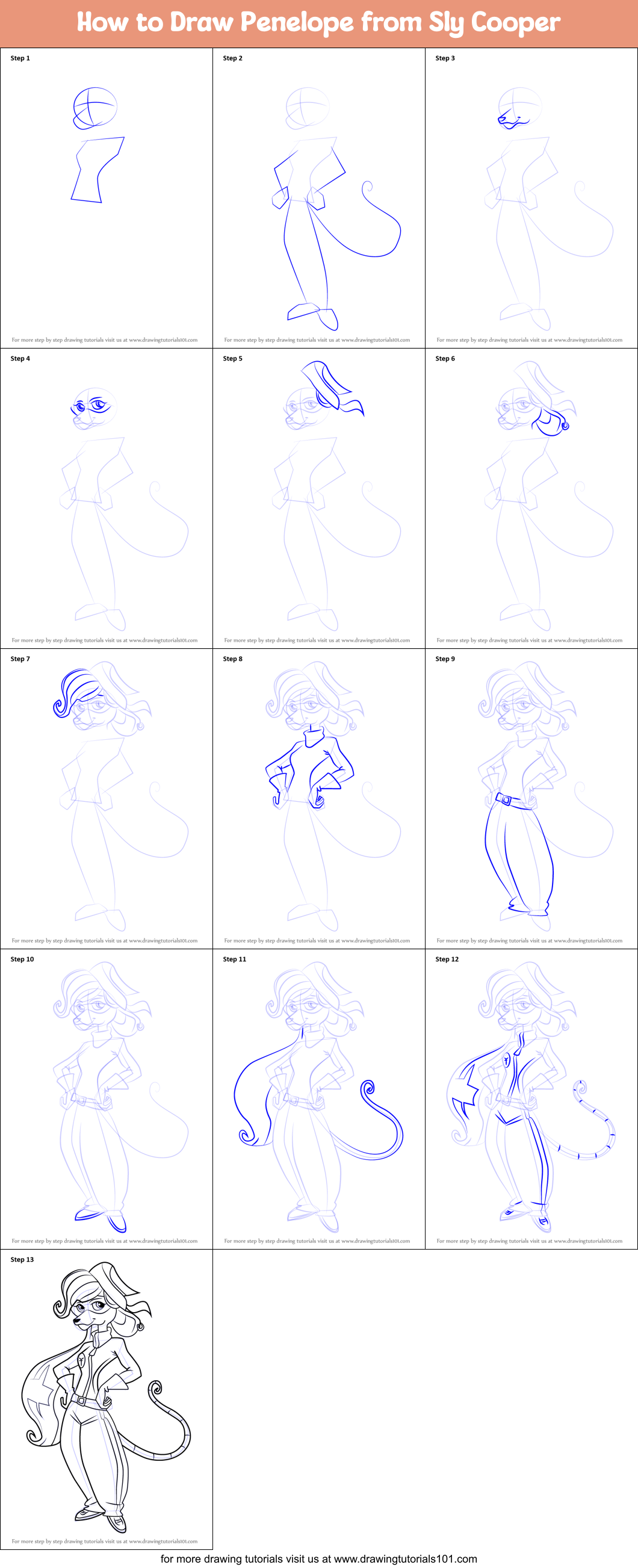 How to Draw Penelope from Sly Cooper Printable Step by Step