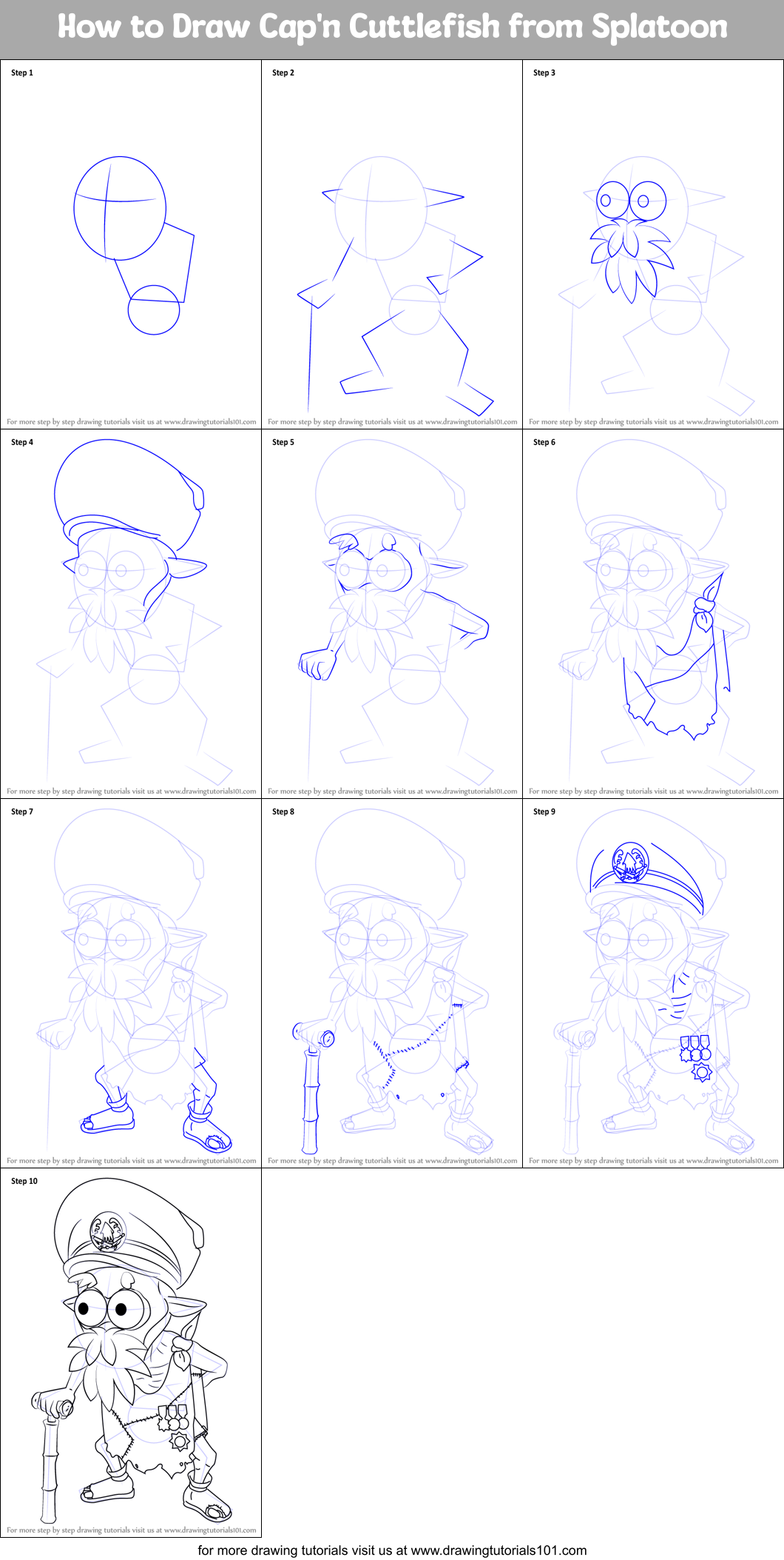 How to Draw Cap'n Cuttlefish from Splatoon Printable Step by Step