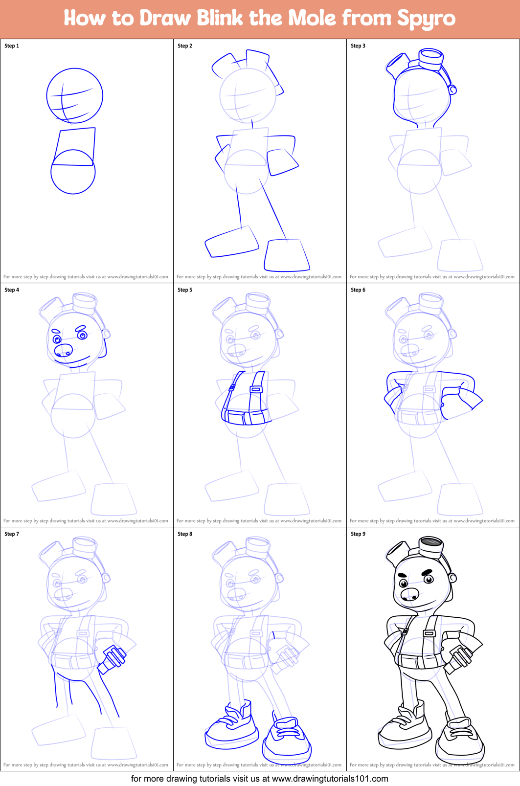 How to Draw Blink the Mole from Spyro Printable Step by Step