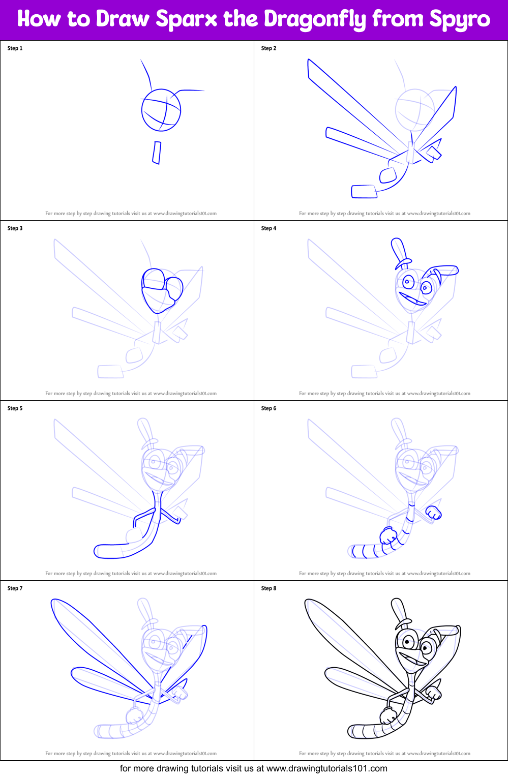 How to Draw Sparx the Dragonfly from Spyro Printable Step by Step