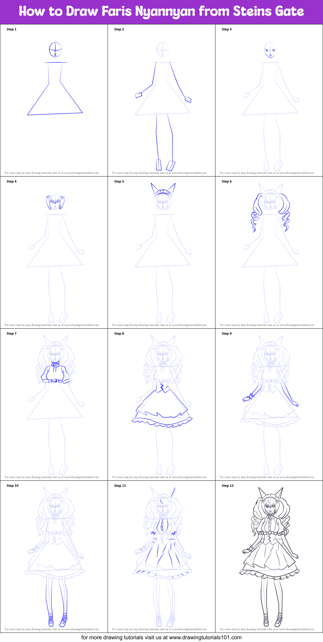 How to Draw Faris Nyannyan from Steins Gate Printable Step by Step