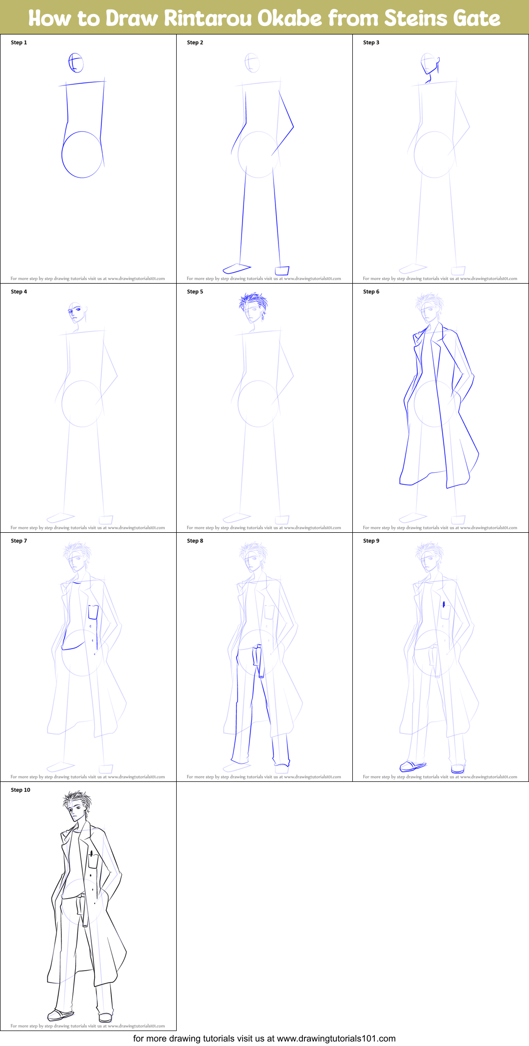 How to Draw Rintarou Okabe from Steins Gate Printable Step by Step