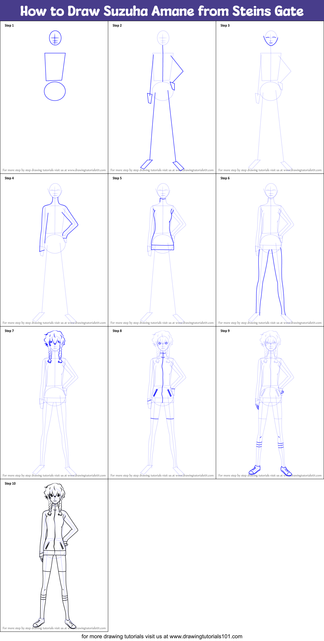 How to Draw Suzuha Amane from Steins Gate Printable Step by Step