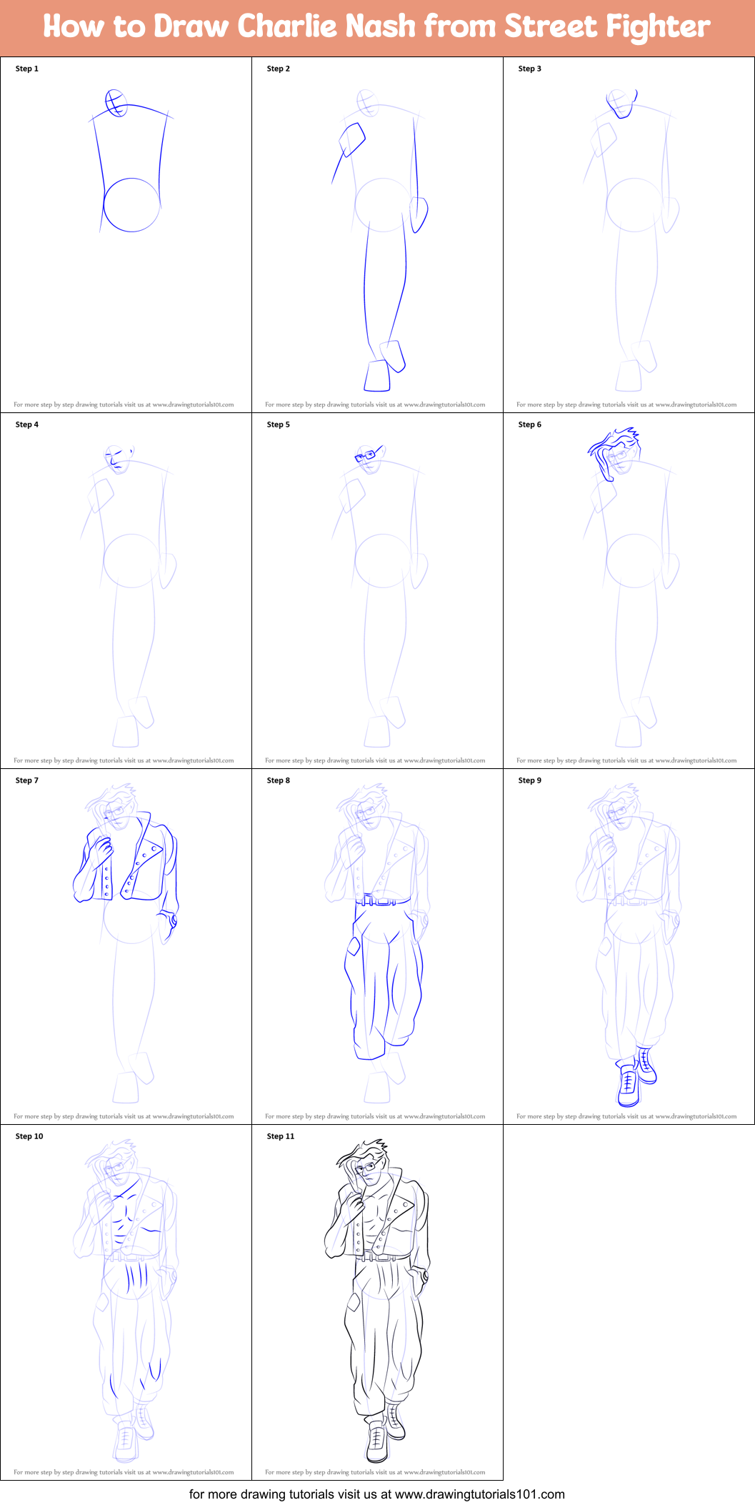 How to Draw Charlie Nash from Street Fighter Printable Step by Step