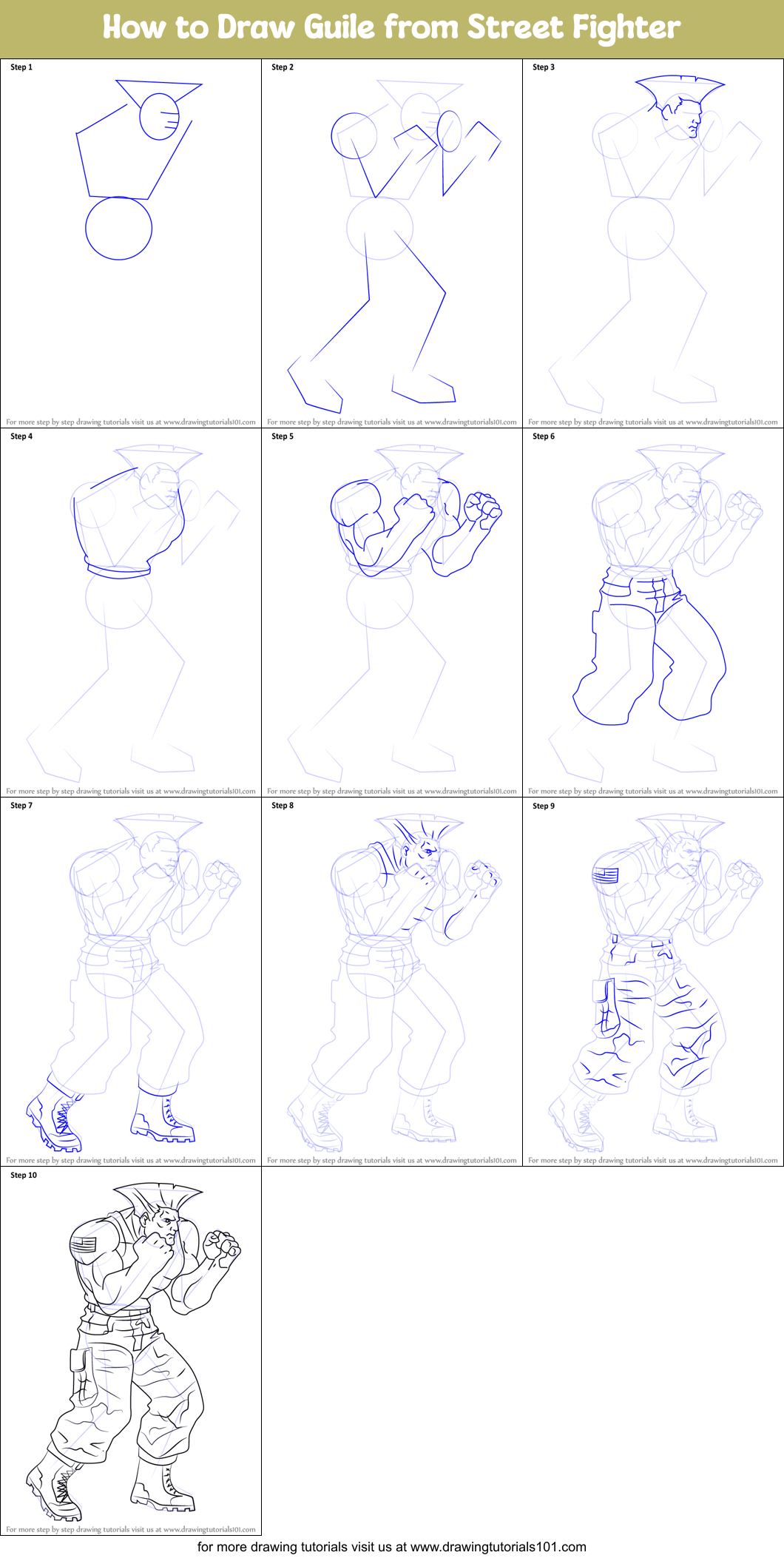 How to Draw Guile from Street Fighter Printable Step by Step