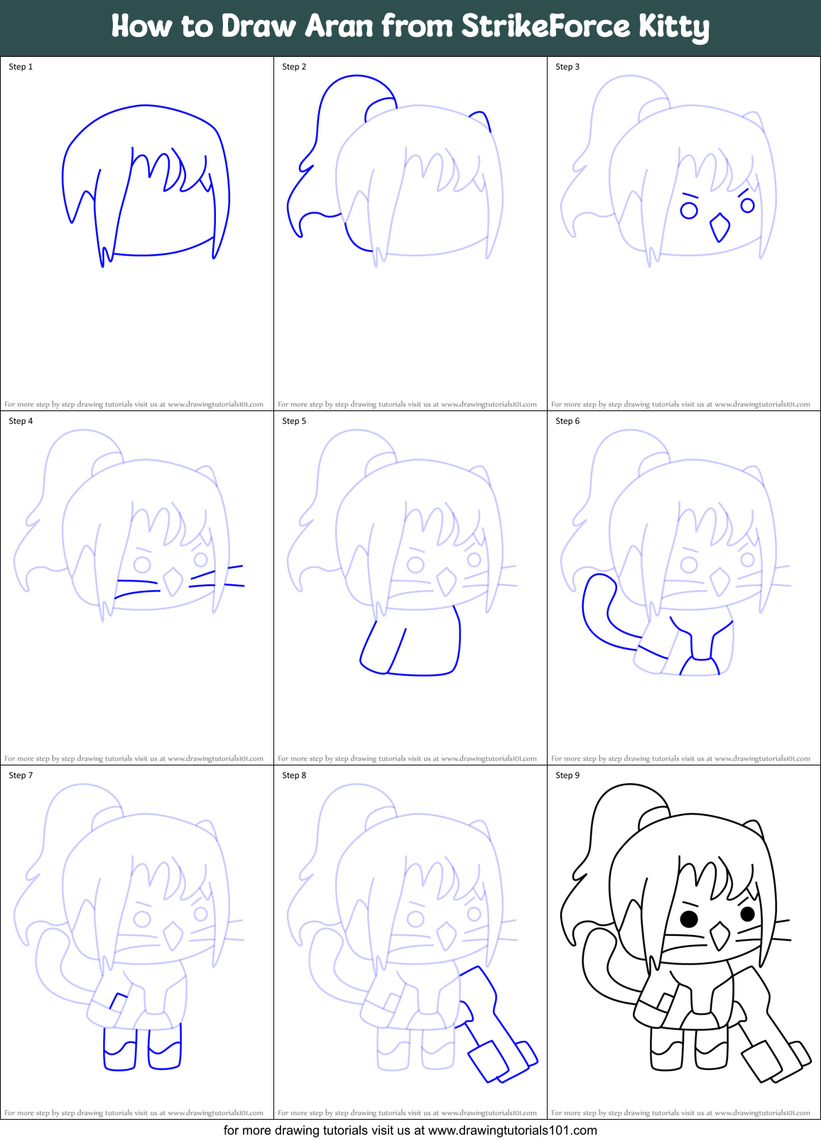 How to Draw Aran from StrikeForce Kitty Printable Step by Step
