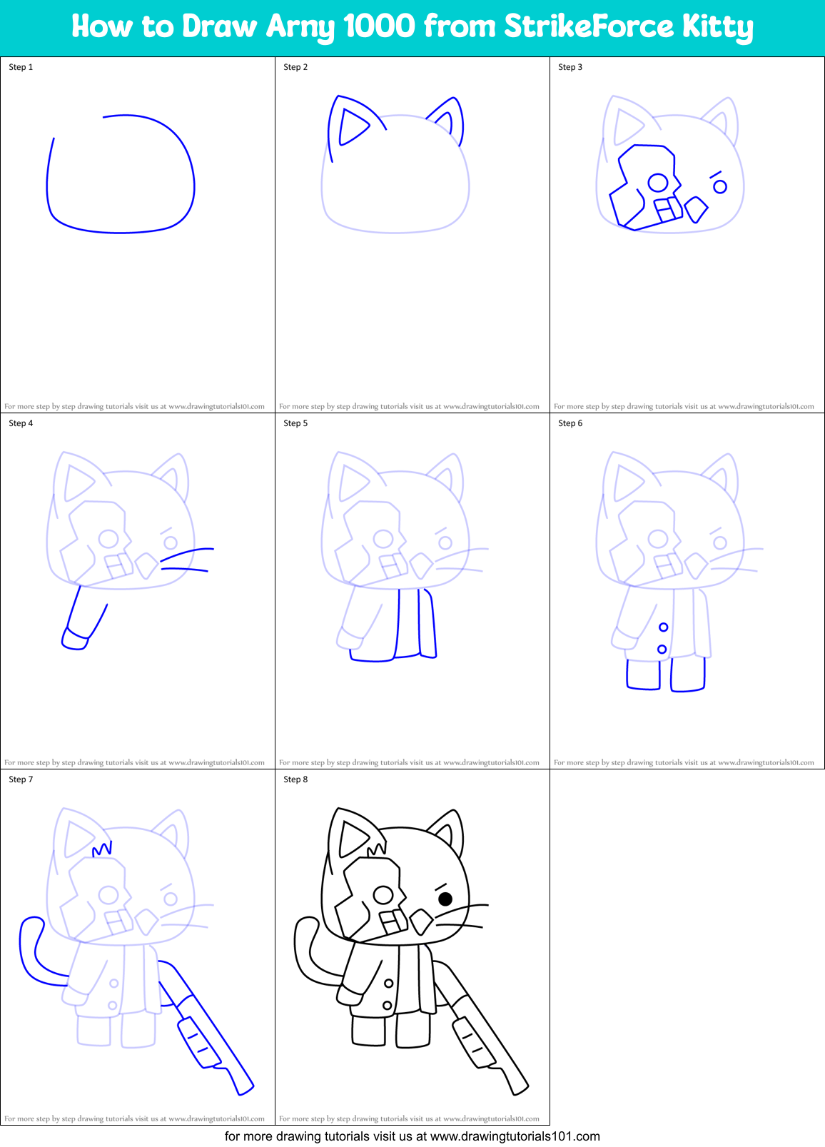 How to Draw Arny 1000 from StrikeForce Kitty Printable Step by Step