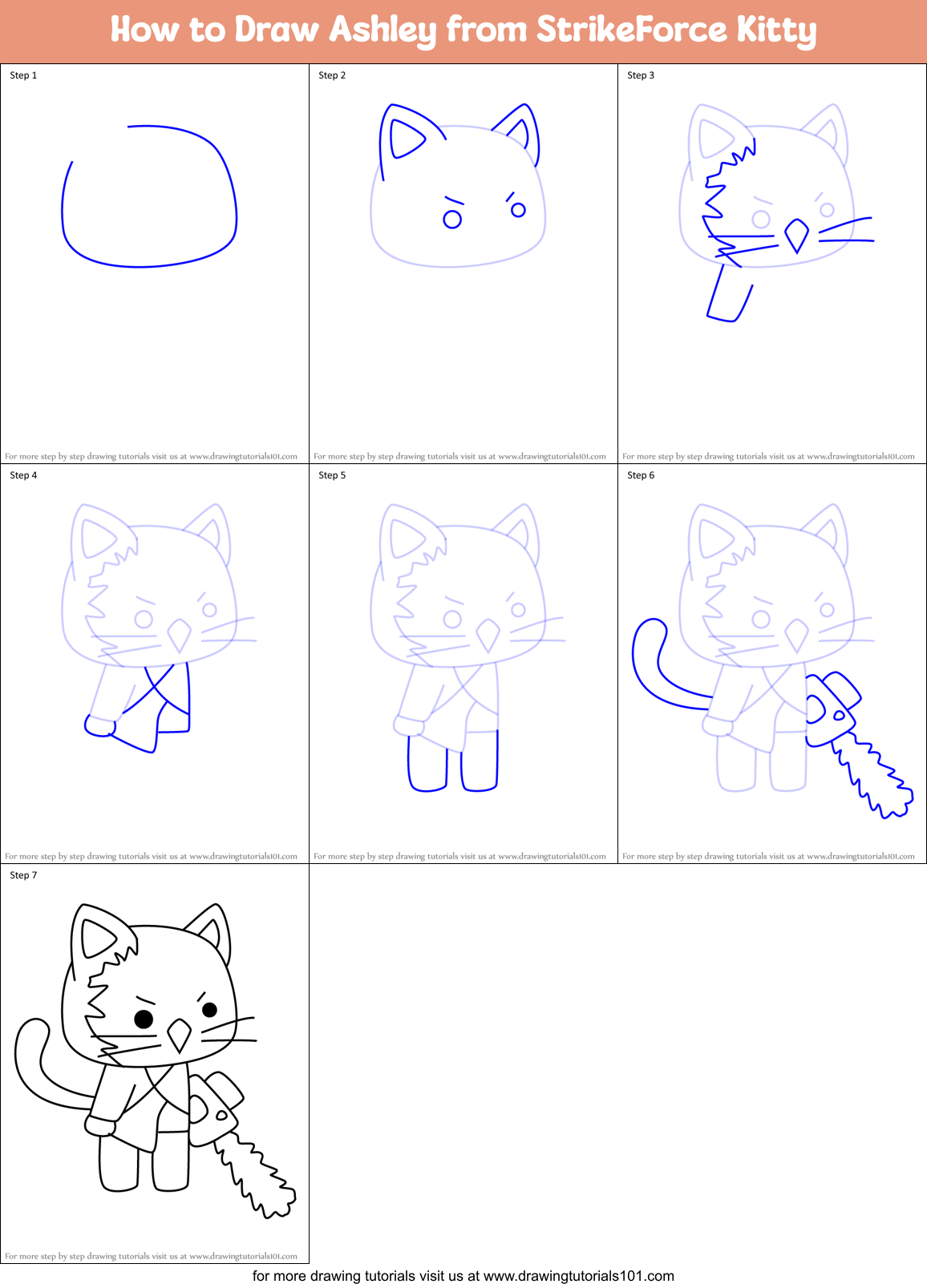 How to Draw Ashley from StrikeForce Kitty Printable Step by Step