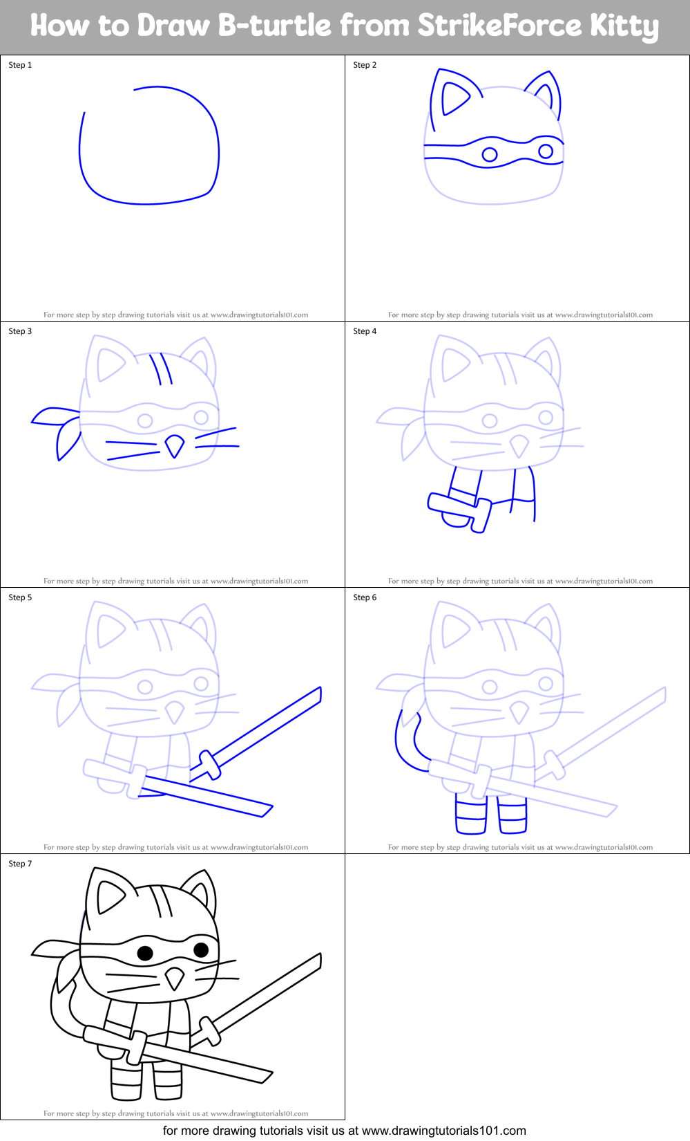 How to Draw B-turtle from StrikeForce Kitty Printable Step by Step