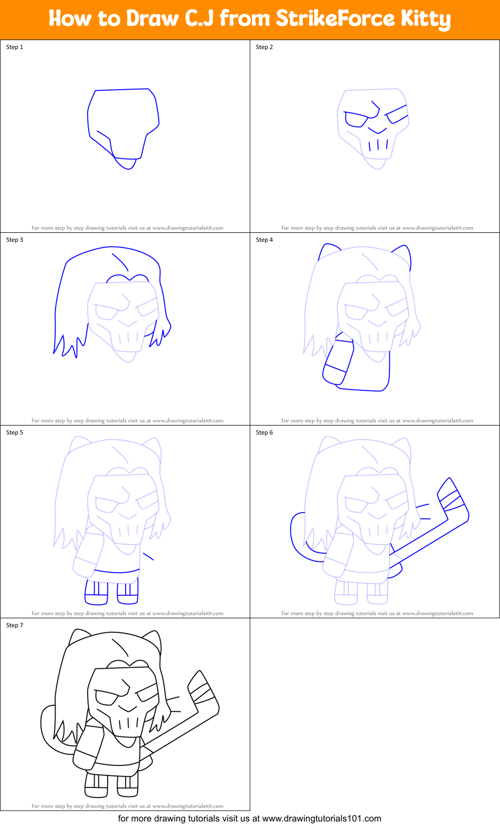 How to Draw C.J from StrikeForce Kitty Printable Step by Step