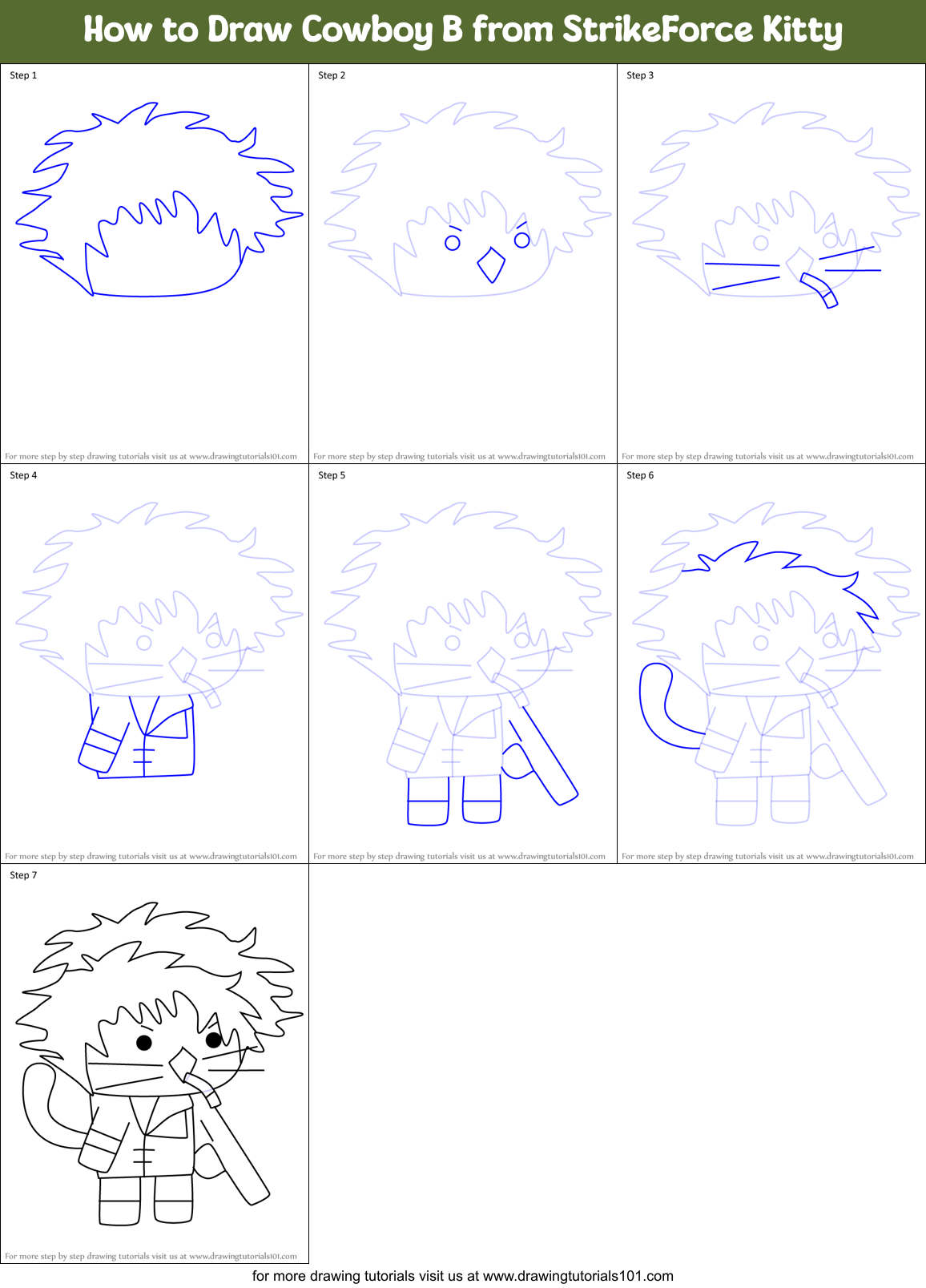How to Draw Cowboy B from StrikeForce Kitty Printable Step by Step