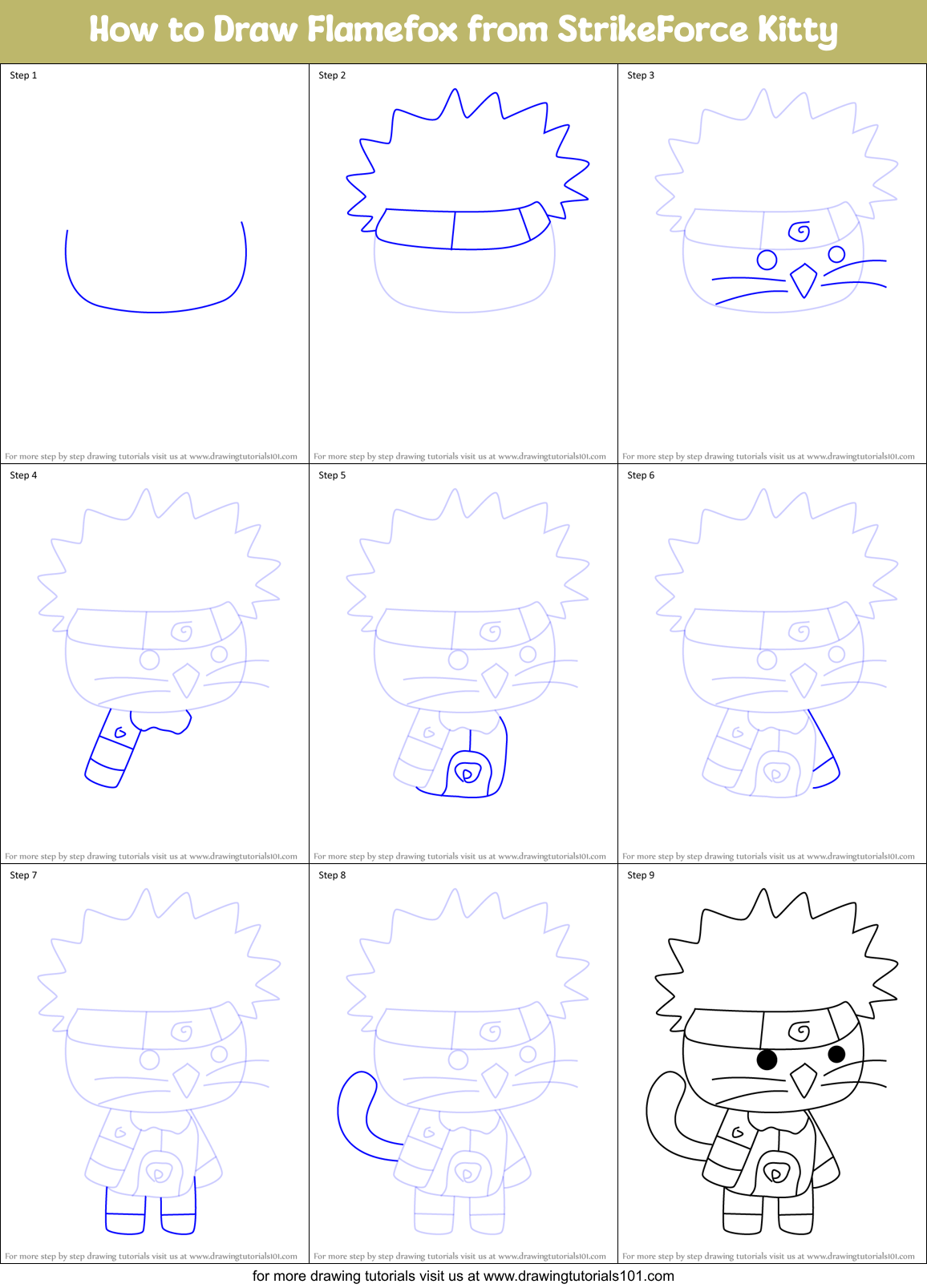 How to Draw Flamefox from StrikeForce Kitty Printable Step by Step