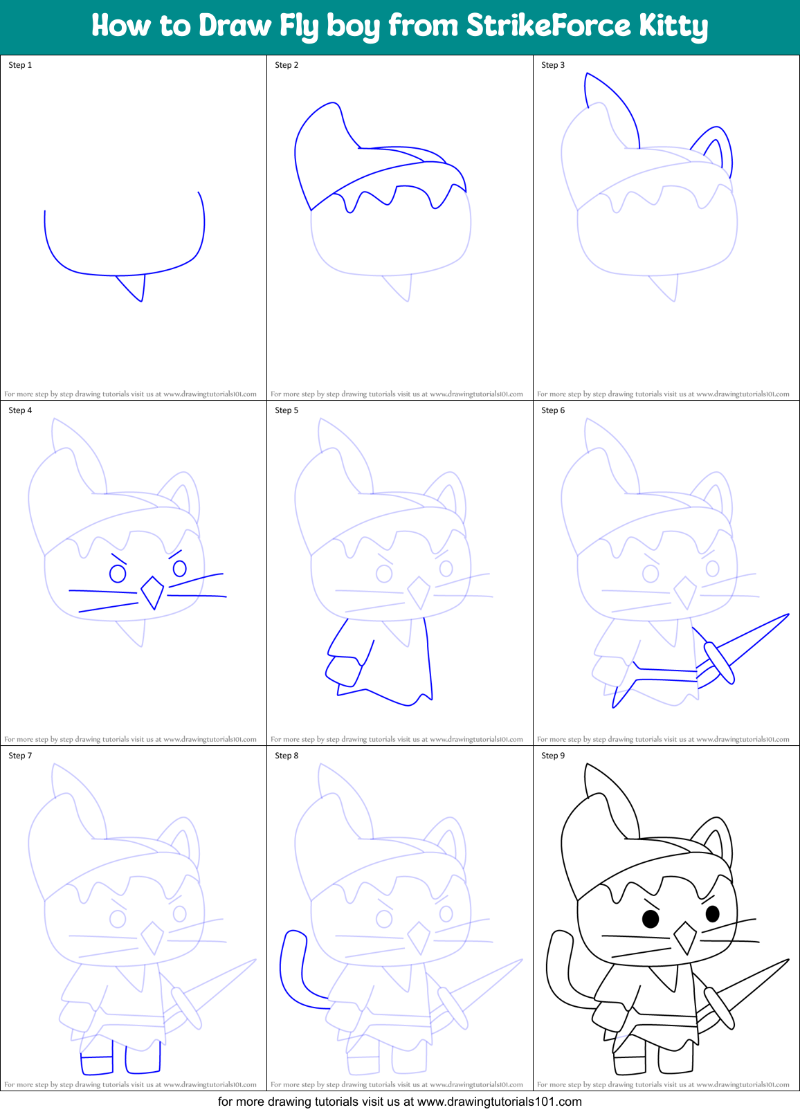 How to Draw Fly boy from StrikeForce Kitty Printable Step by Step