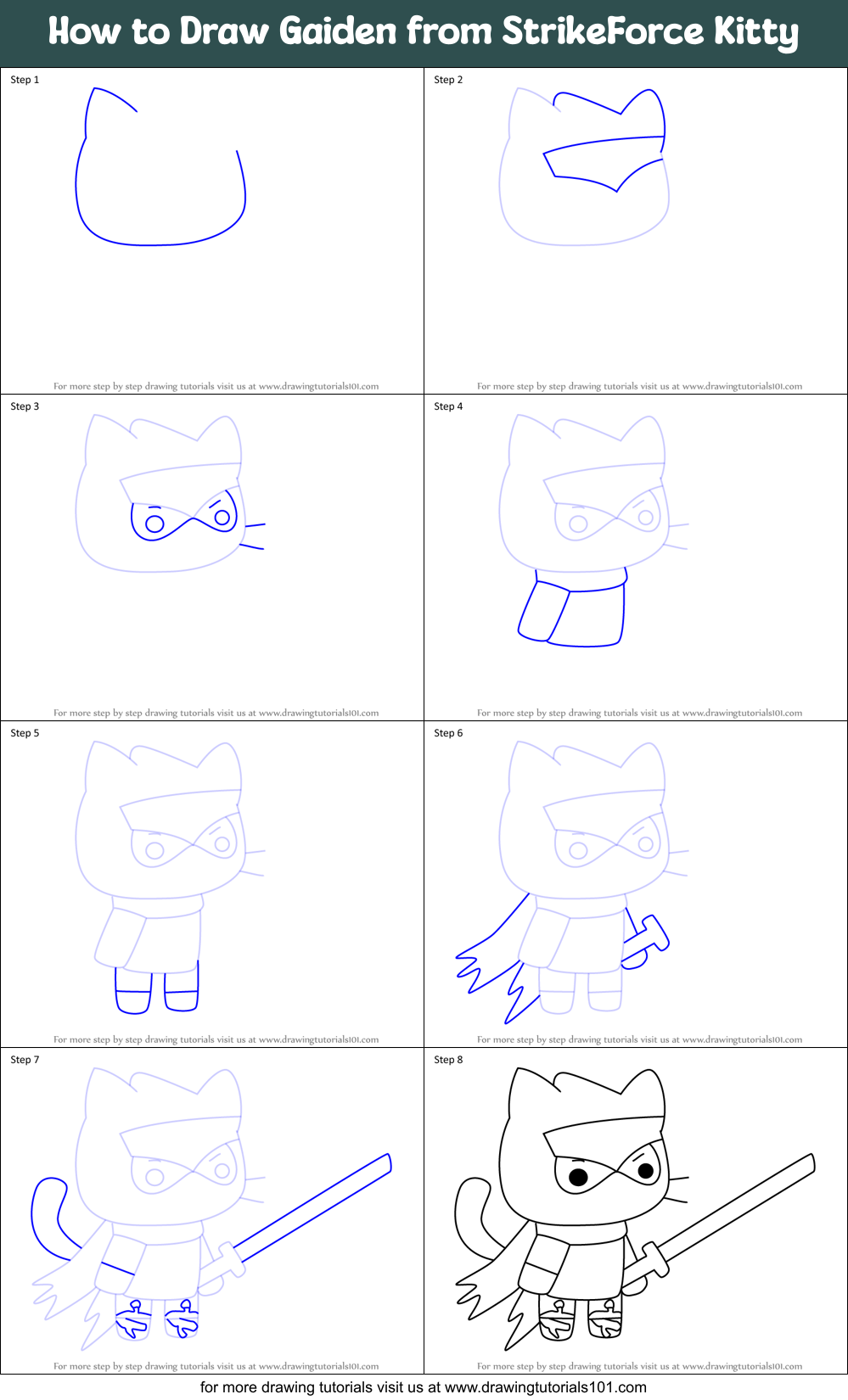 How to Draw Gaiden from StrikeForce Kitty Printable Step by Step