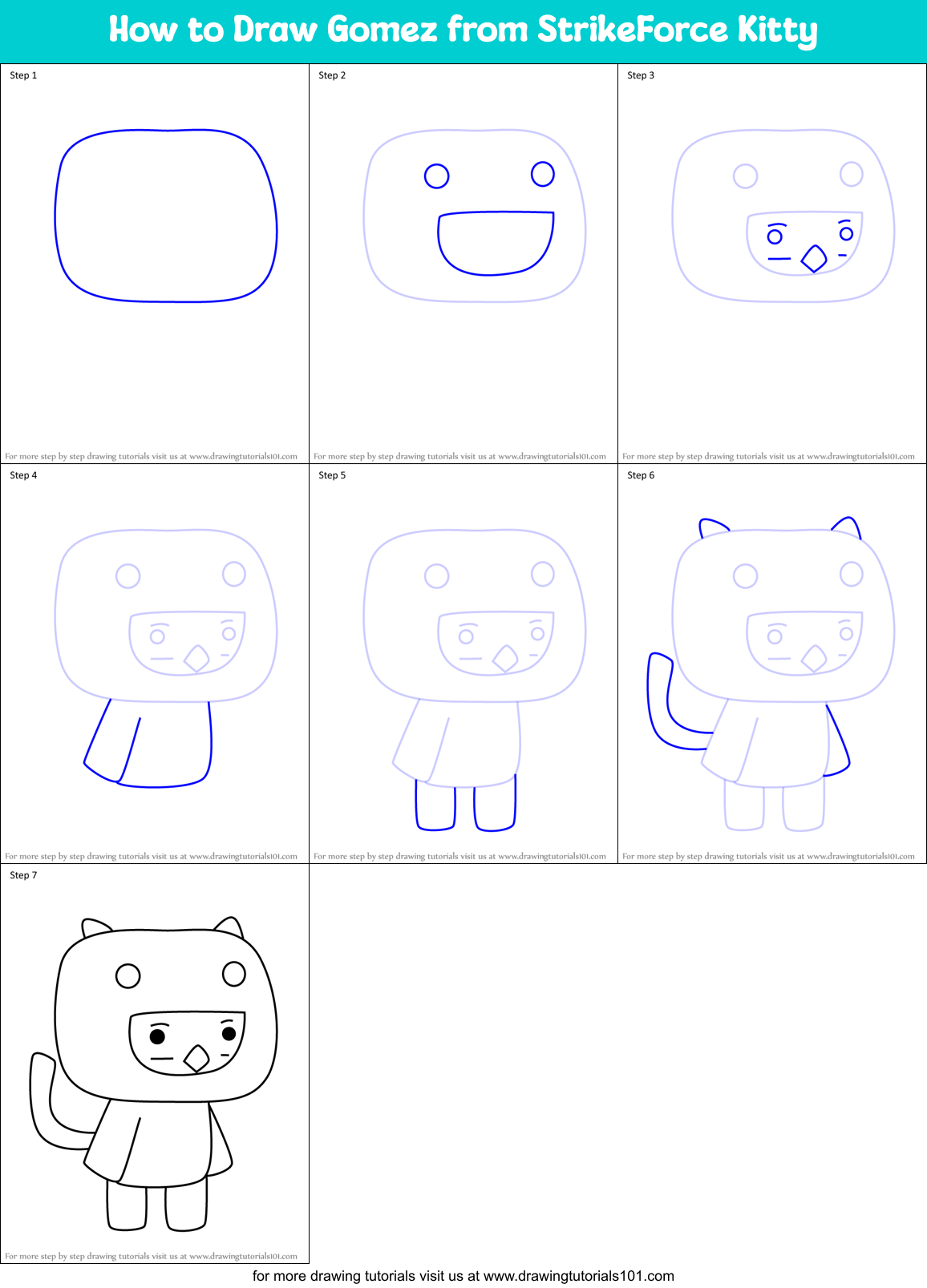 How to Draw Gomez from StrikeForce Kitty Printable Step by Step